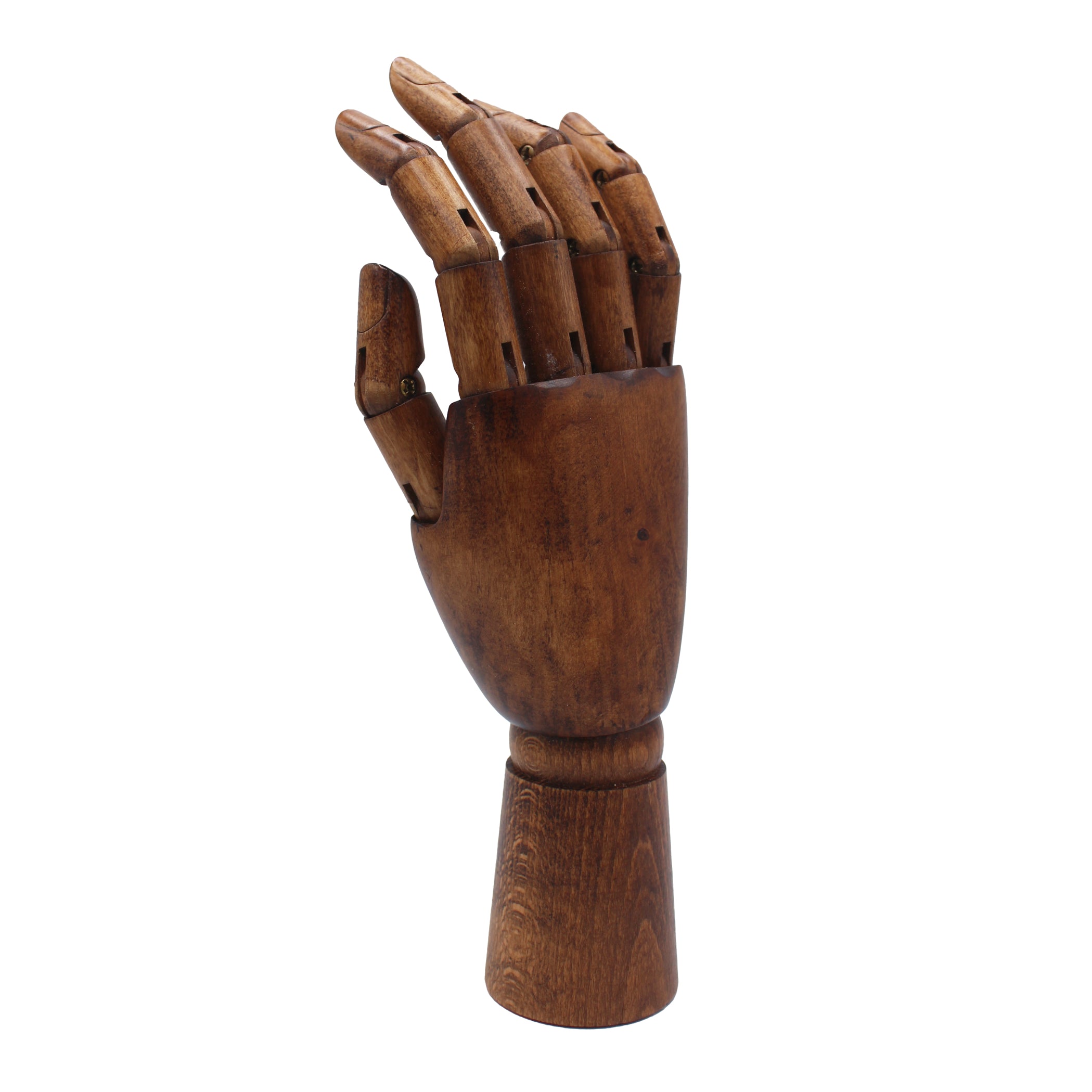 Main articulée en bois brun avec doigts mobiles, vue de face