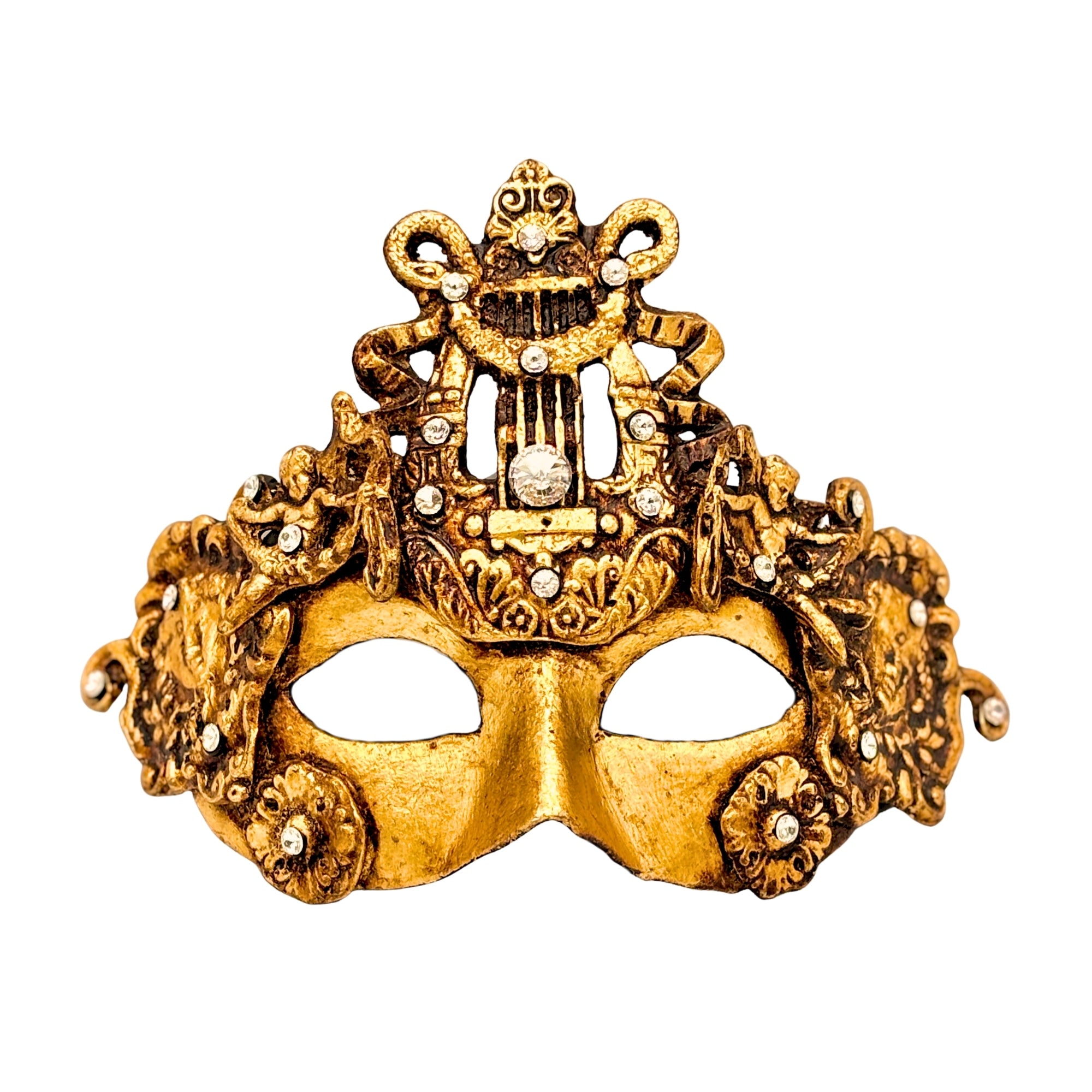 Masque baroque Colombine fait main, doré vieilli, richement orné de reliefs et strass brillants