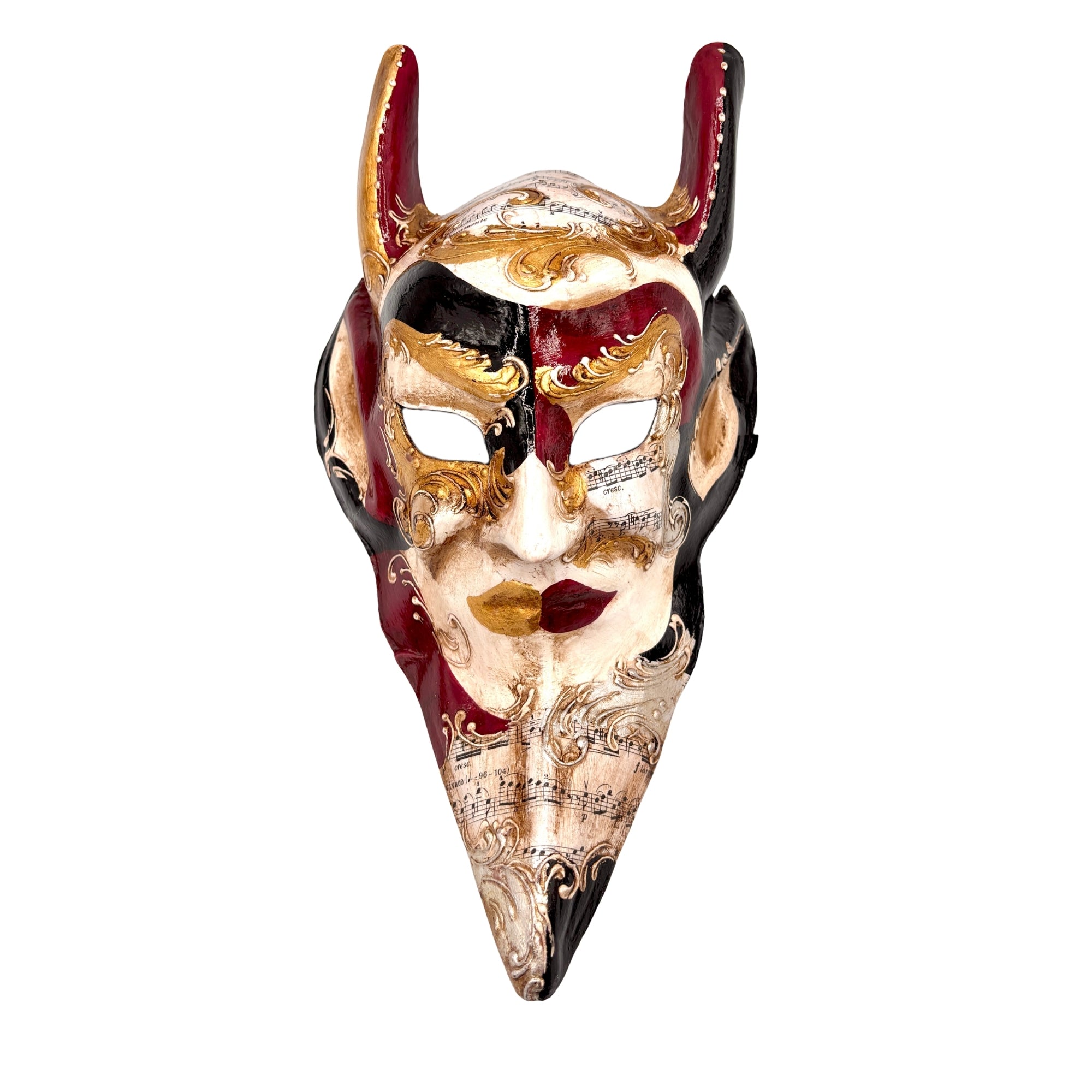 Masque diable vénitien allongé rouge, noir et doré, avec cornes et motifs partitions musicales baroques