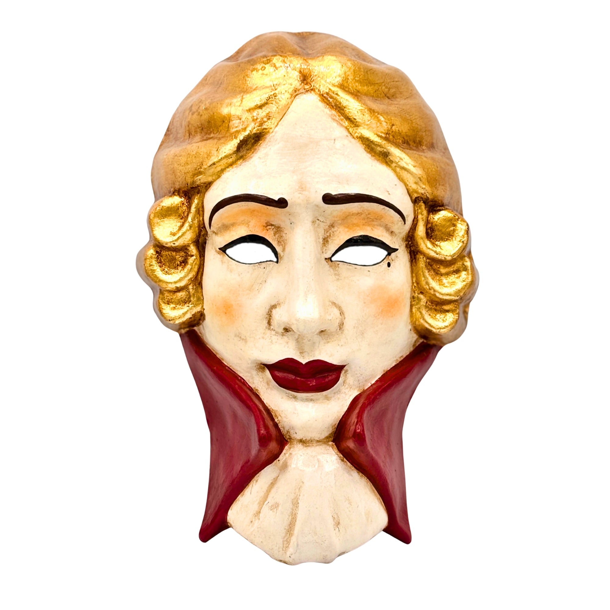 Masque jeune homme XVIIIe avec perruque bouclée dorée, col rouge et visage poudré maquillé