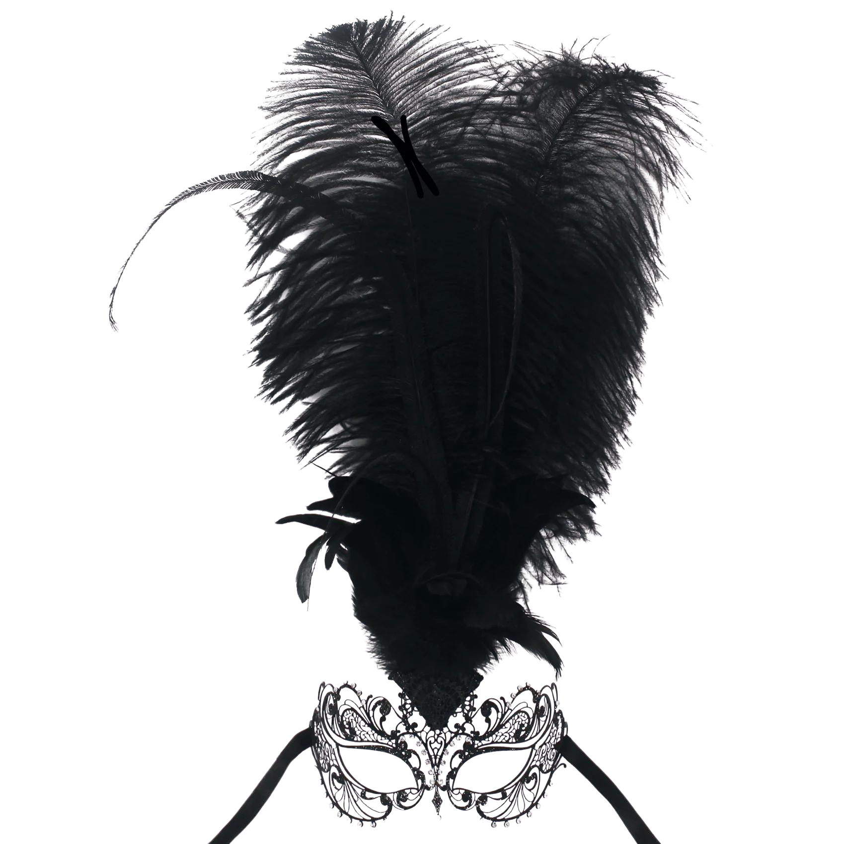 Masque loup noir en métal avec strass, grande coiffe de plumes et cordons noirs
