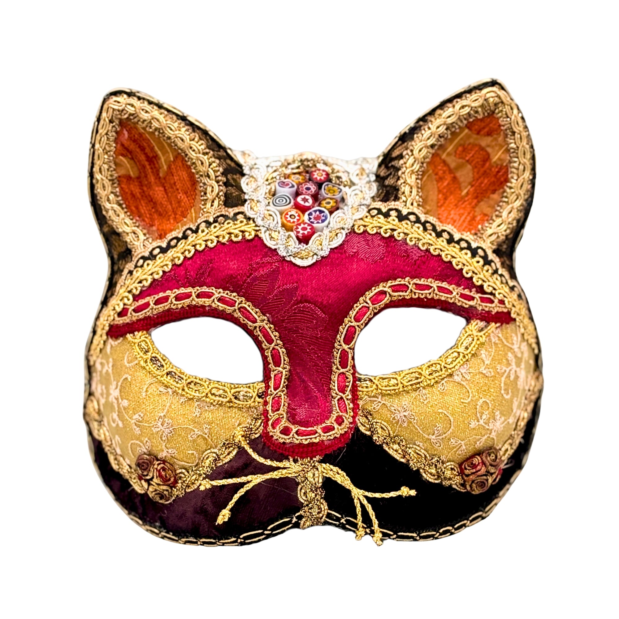 Masque chat vénitien en tissu brodé rouge et or avec détails Murano