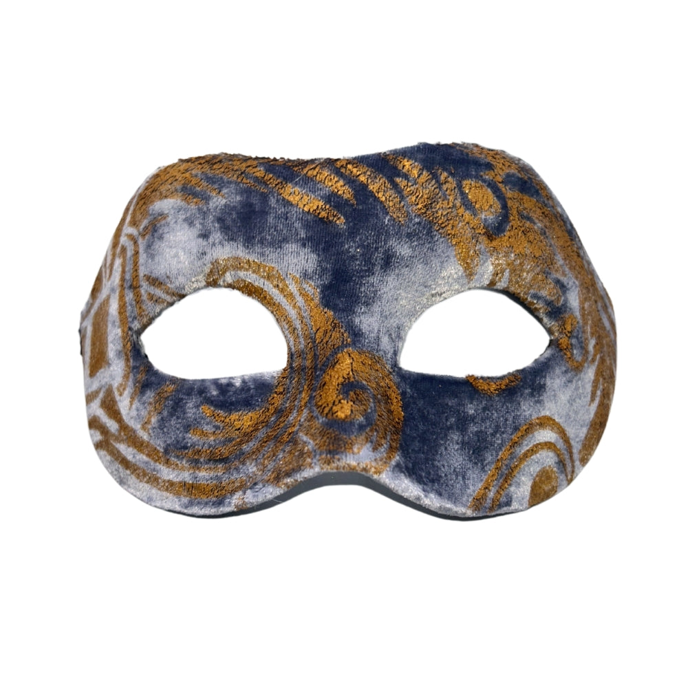 Masque Colombina en velours bleu profond, motifs baroques dorés et ouverture des yeux