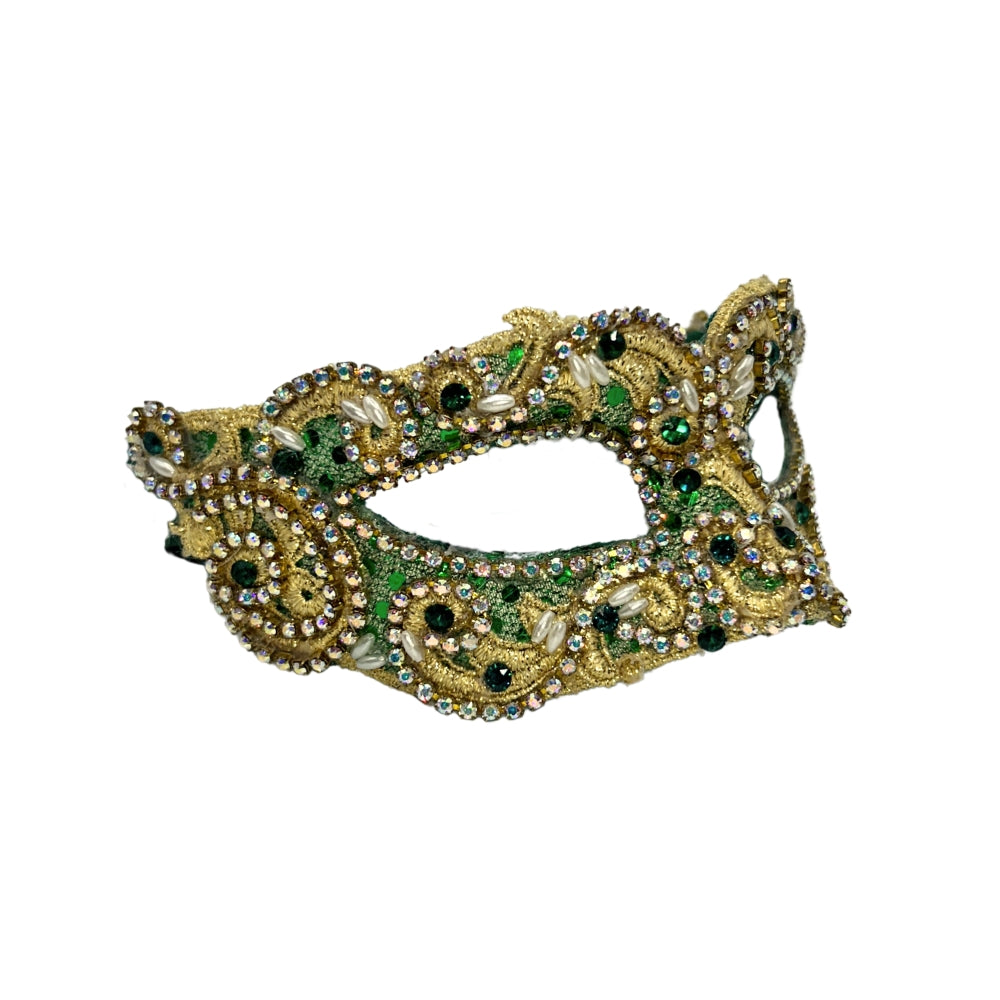Masque loup vénitien en velours vert brodé or, strass et perles