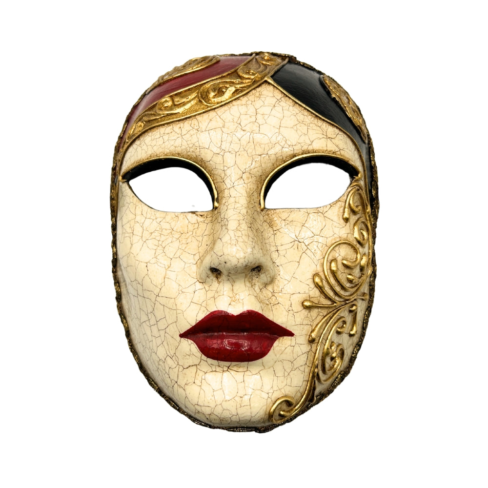 Masque vénitien visage femme en papier mâché craquelé, lèvres rouges et motifs dorés