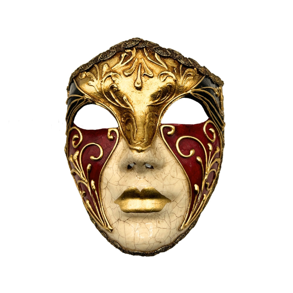Masque vénitien visage femme en papier mâché, doré et rouge, motifs baroques en relief