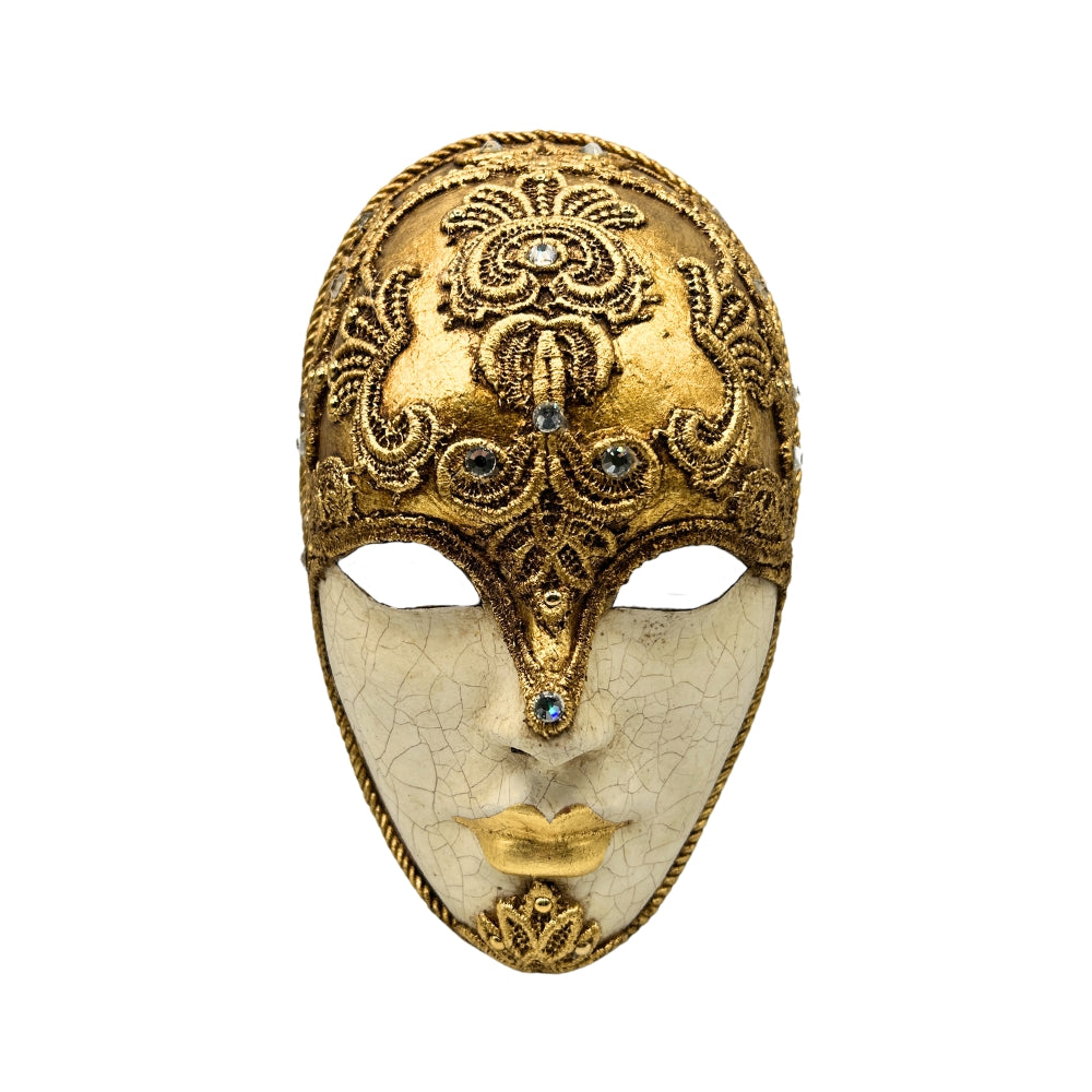 Masque vénitien visage femme en papier mâché ivoire, macramé doré et cristaux