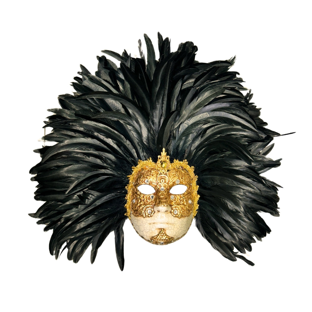 Masque vénitien visage homme en papier mâché doré avec plumes noires en éventail