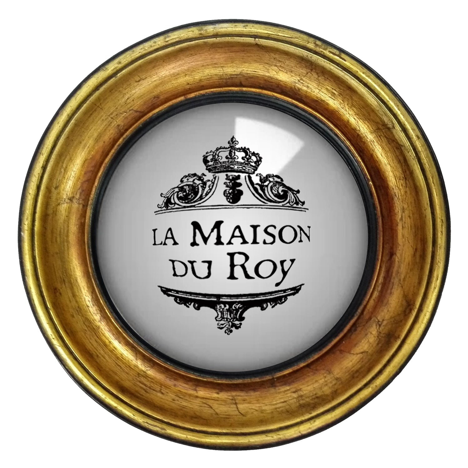 Miroir convexe rond en résine dorée patinée avec rebord intérieur noir