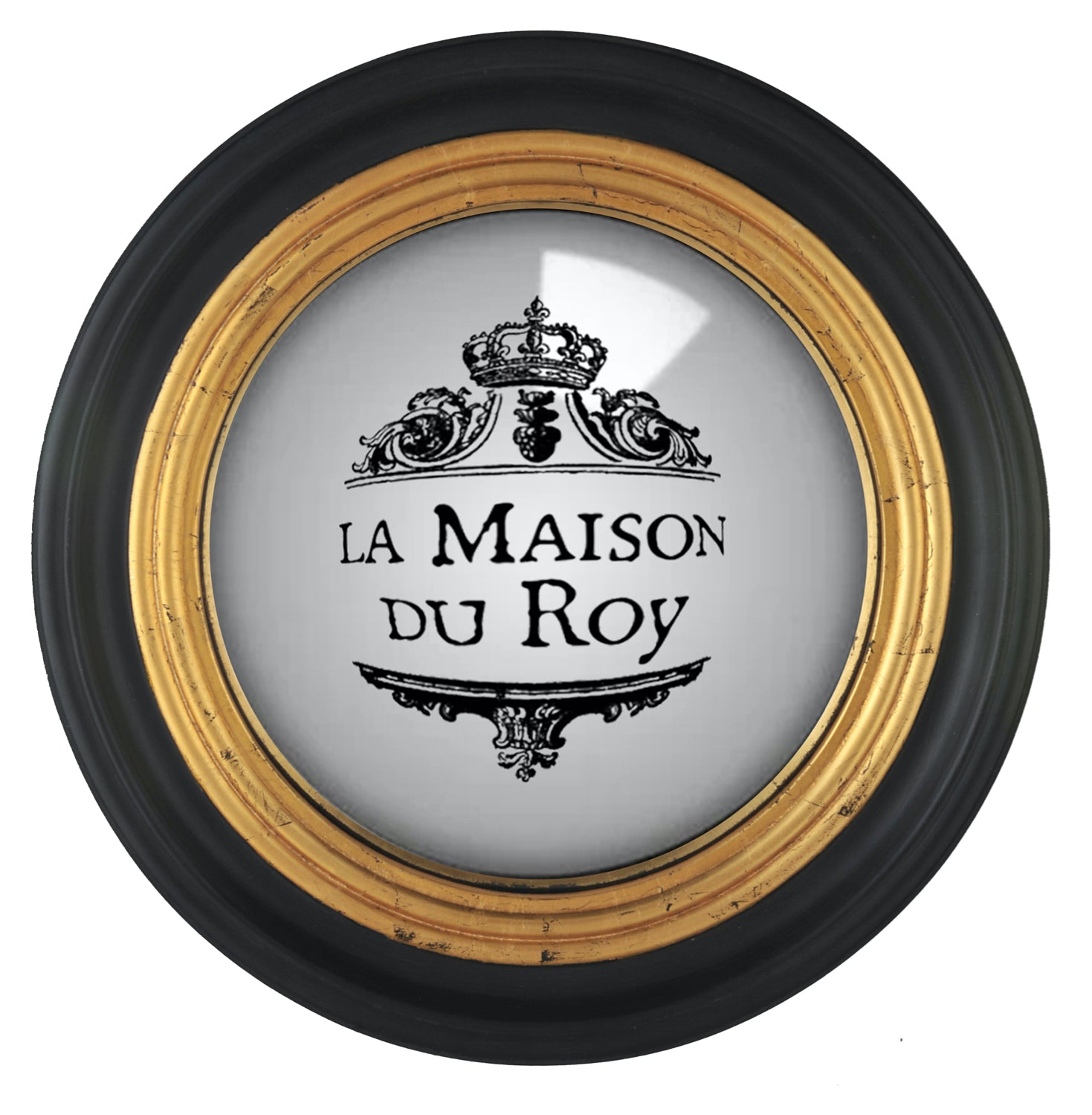Miroir convexe rond en résine noir patiné, rebord intérieur doré