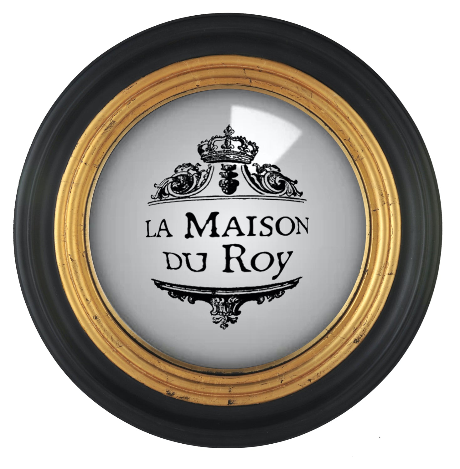 Miroir convexe rond en résine noire patinée, bord intérieur doré