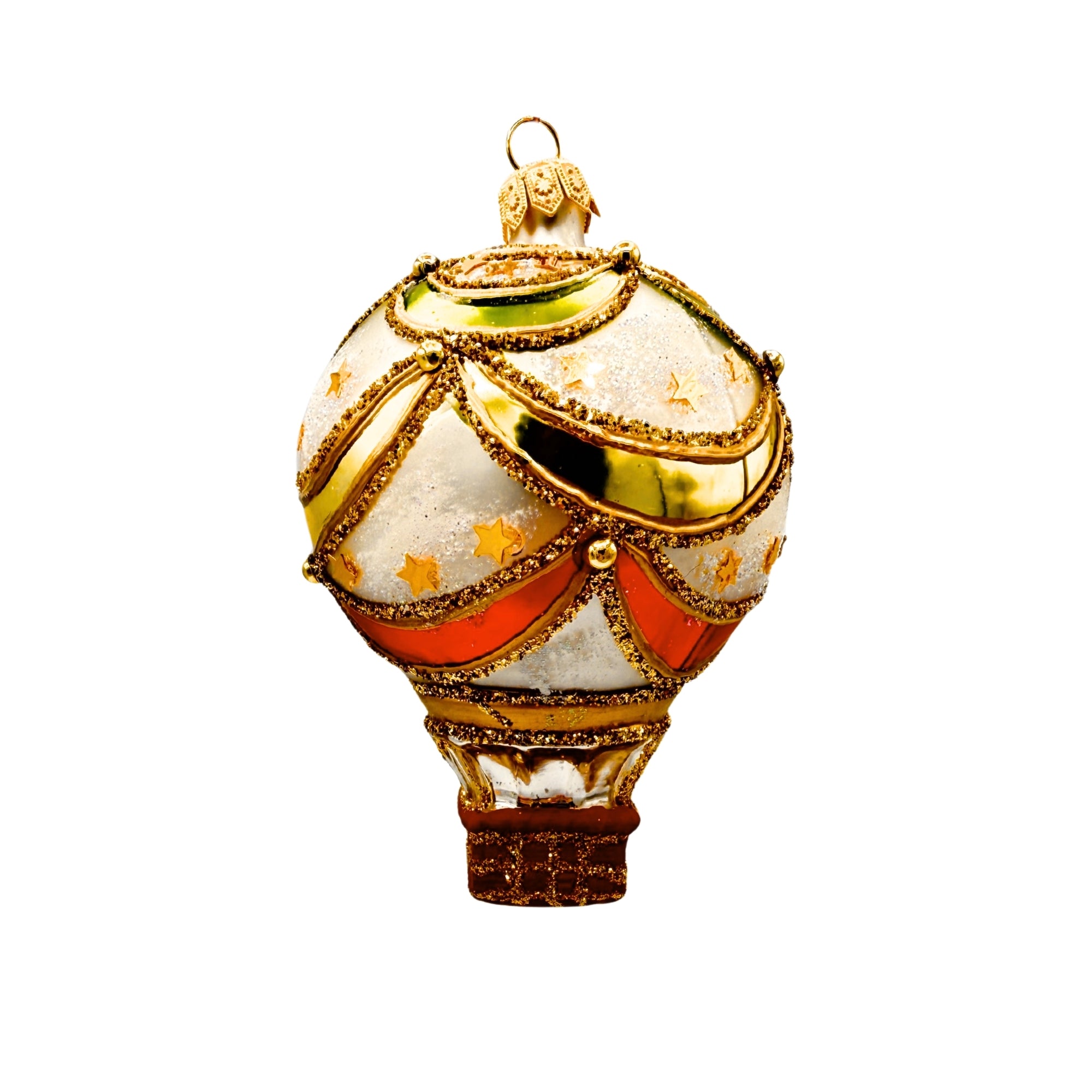 Montgolfière décorative en verre soufflé avec motifs étoilés, bandes colorées et finitions dorées, ornements scintillants