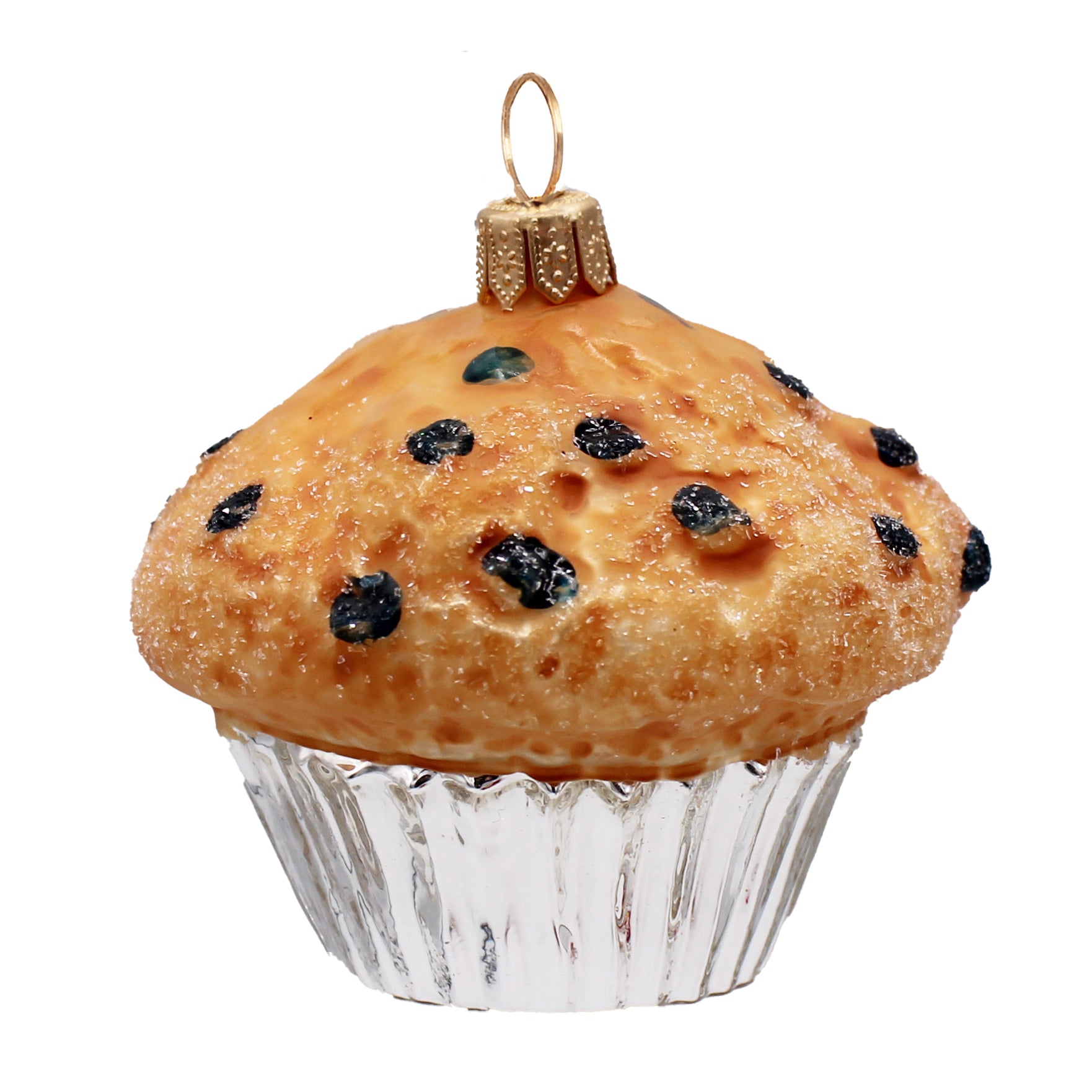 Muffin en verre soufflé brun et argenté, décoré de pépites noires