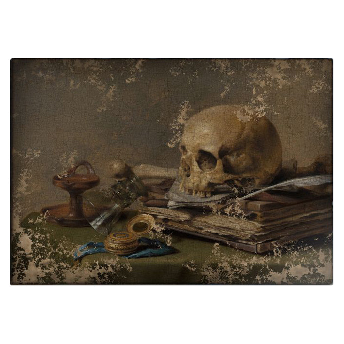 Nature morte à la vanité en toile craquelée, crâne sur livres, sablier et coupe brune
