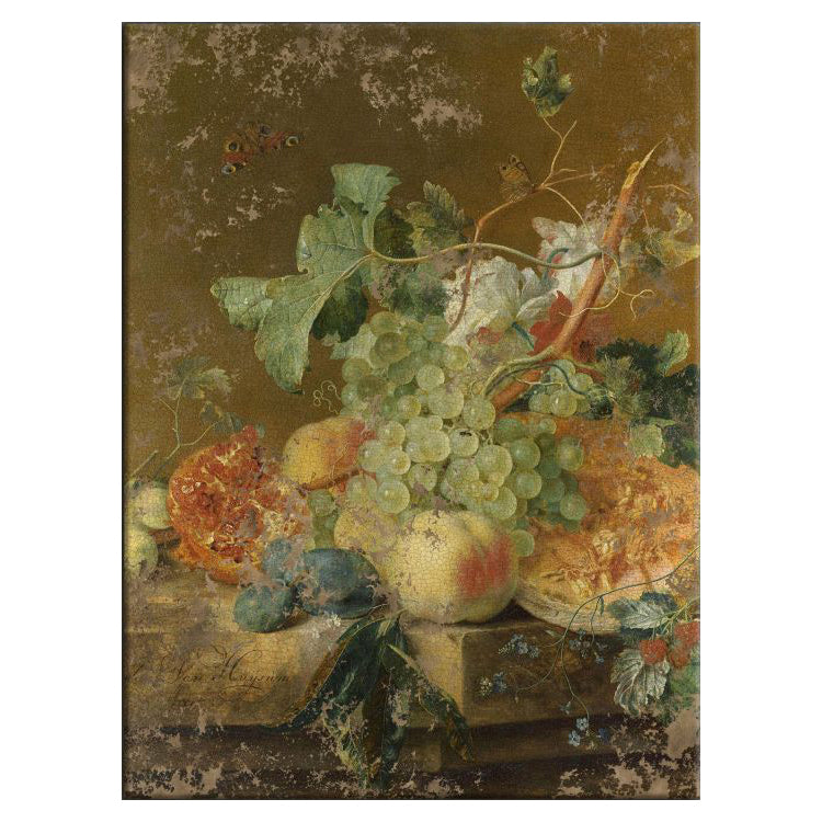 Nature morte aux fruits sur toile craquelée, grappes de raisin et pêches dans tons verts et dorés