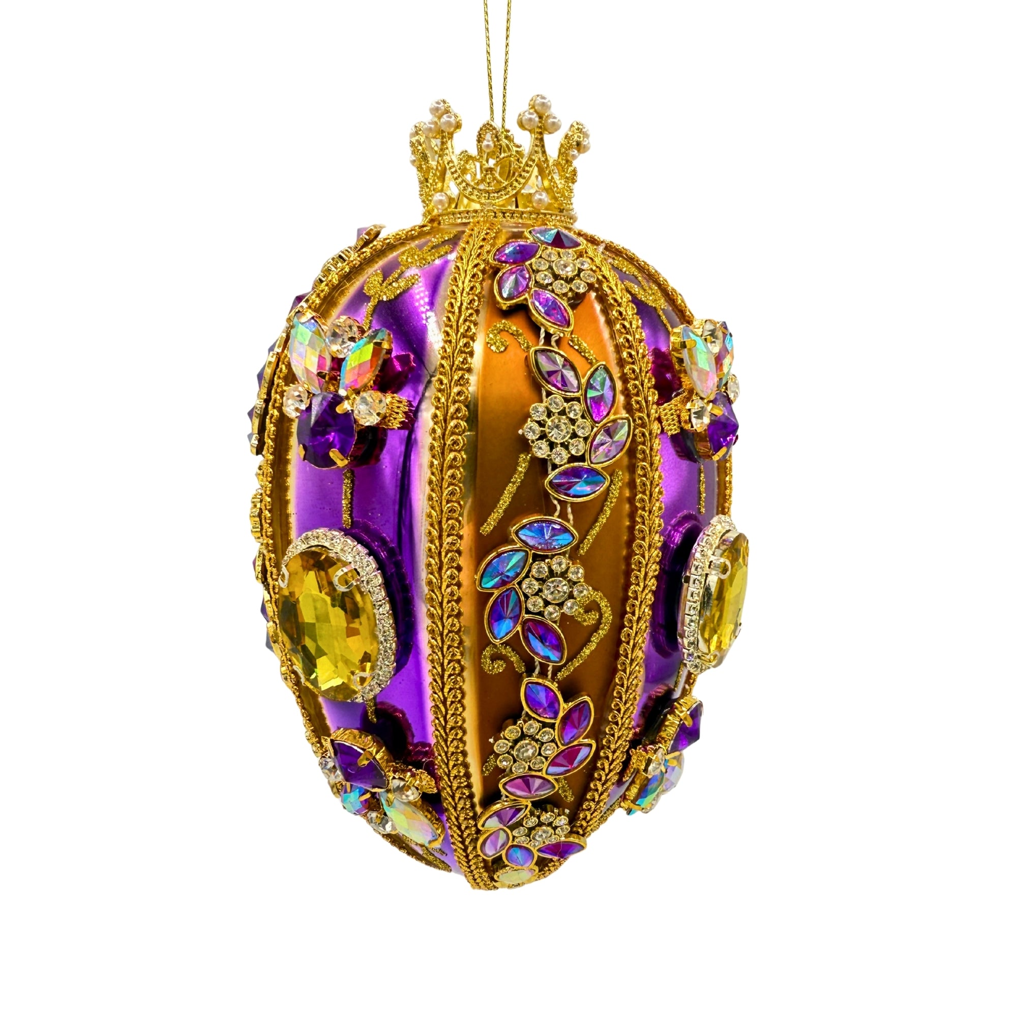 Oeuf de Noël violet et doré orné de strass, cabochons et couronne ajourée