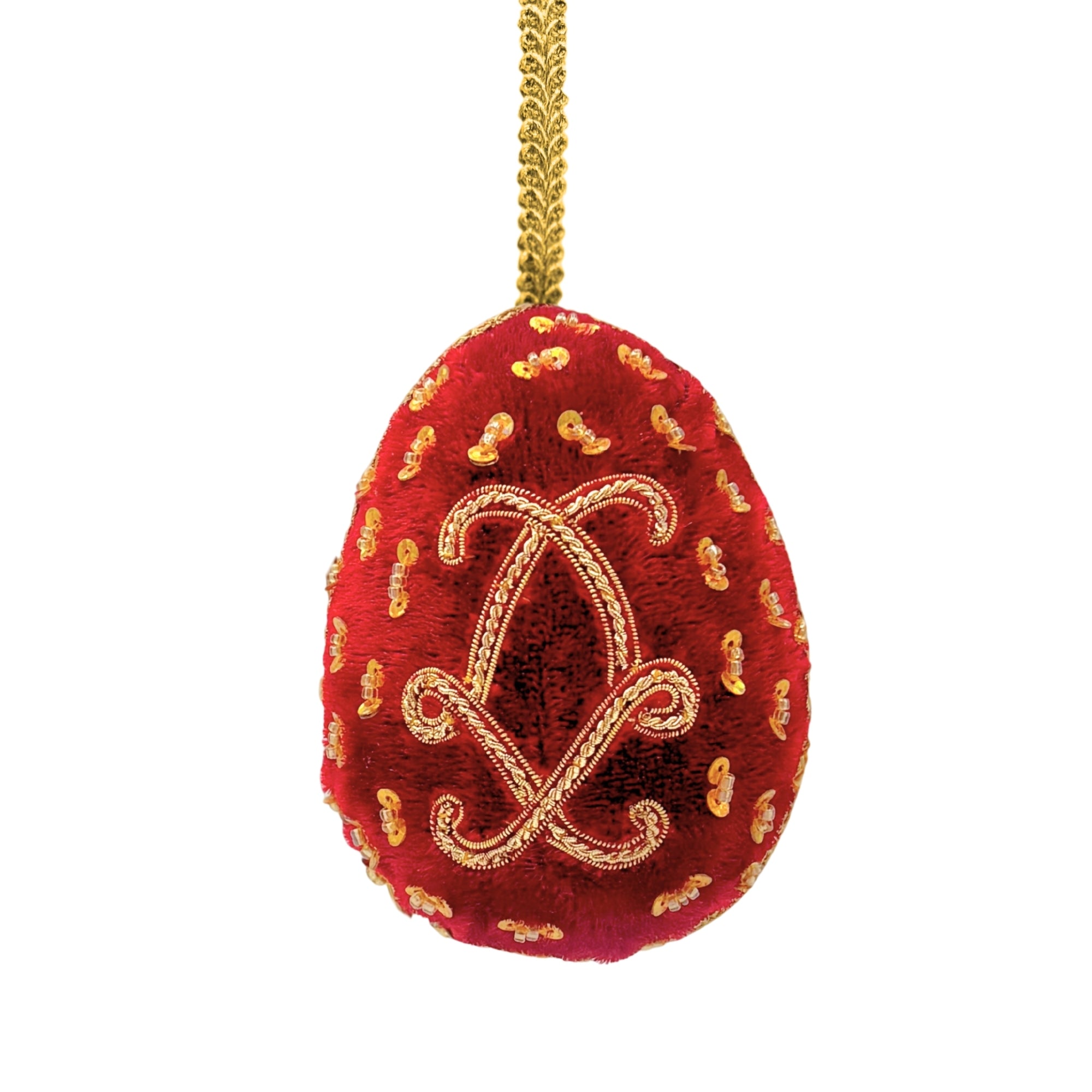 Oeuf de Pâques décoratif rouge brodé à la main, motifs dorés et perles, suspension dorée