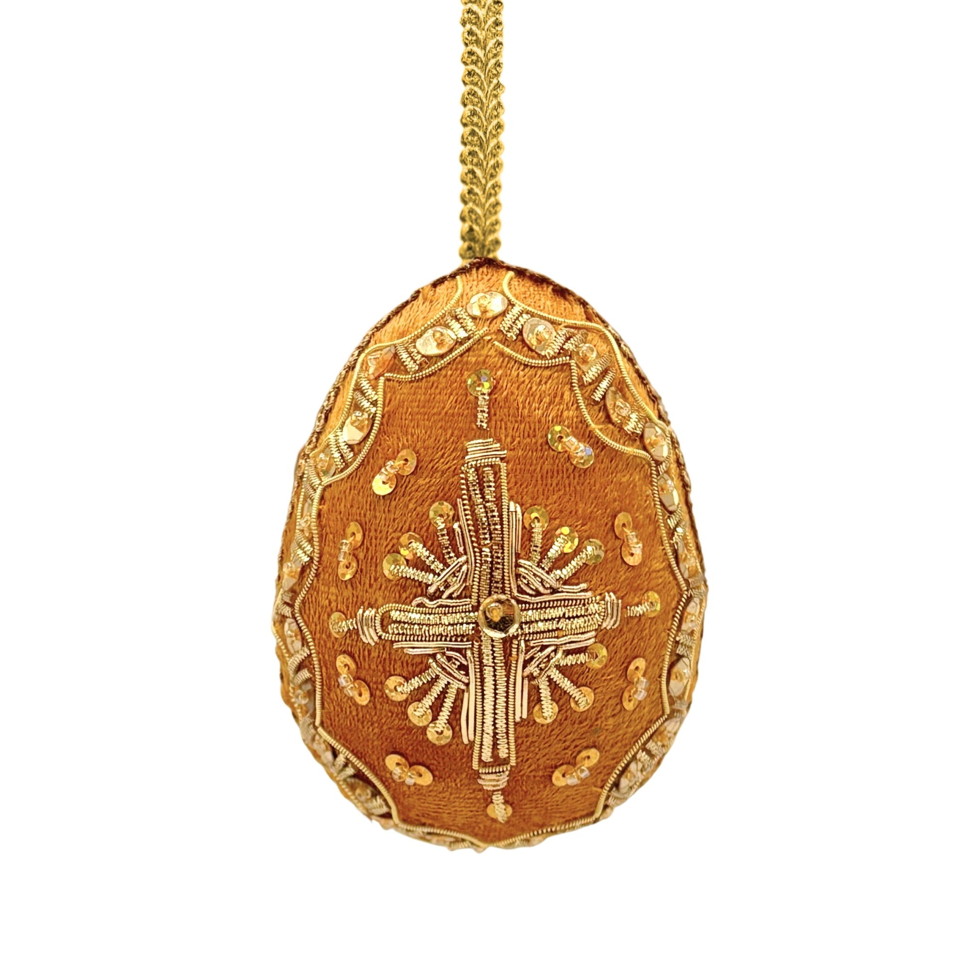Oeuf de Pâques doré brodé à la main avec croix centrale, perles et sequins, suspension décorative