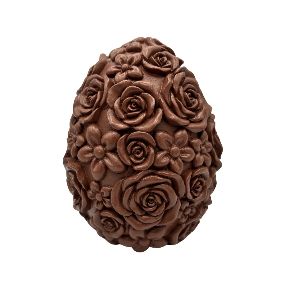 Oeuf décoratif en trompe-l oeil brun chocolat avec fleurs et roses en relief