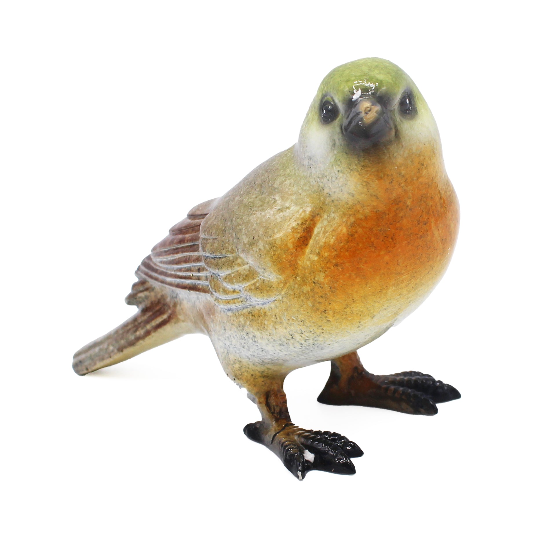 Oiseau à poser en résine brun, vert et orange, vu de face