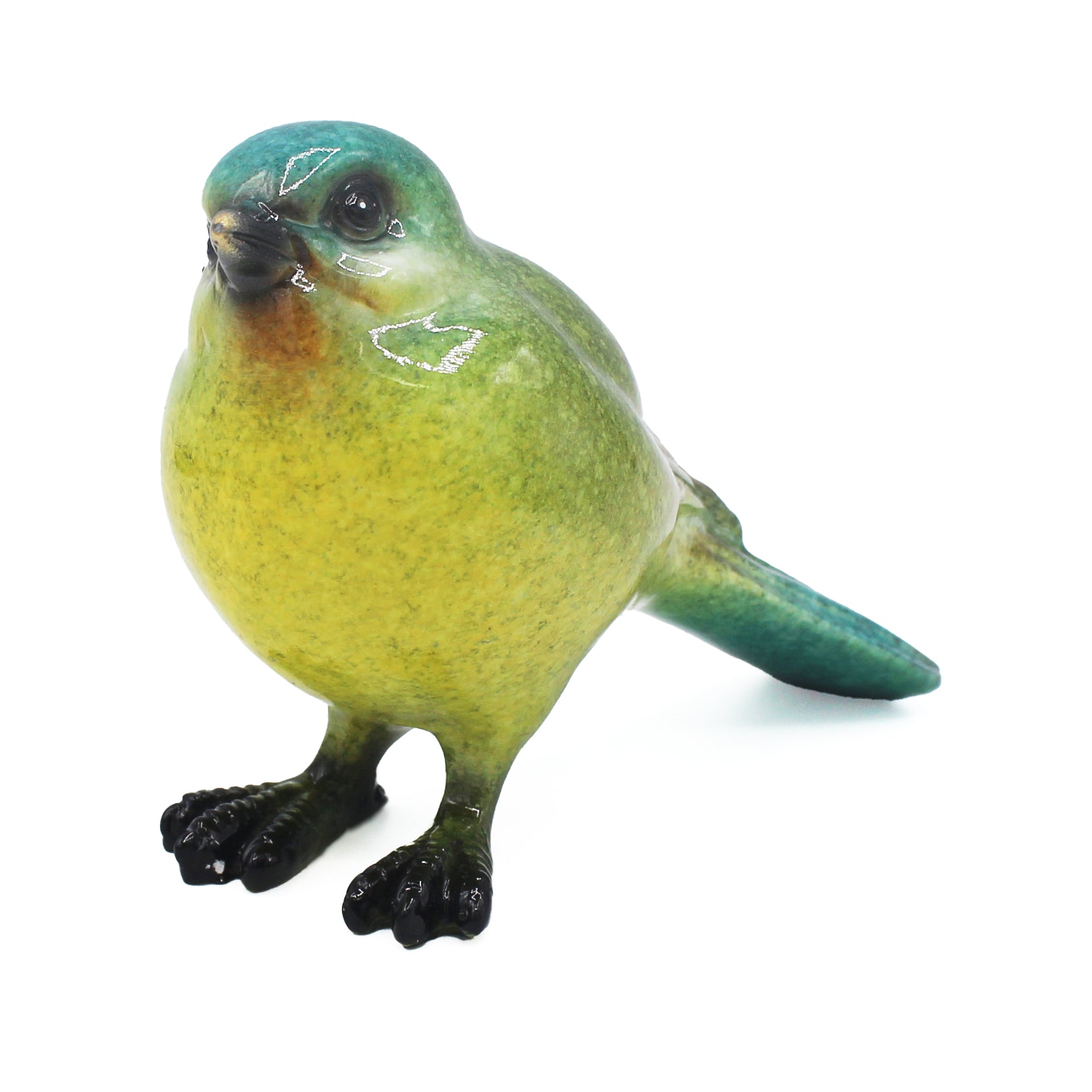Oiseau décoratif vert et jaune en résine, avec queue turquoise et pattes noires