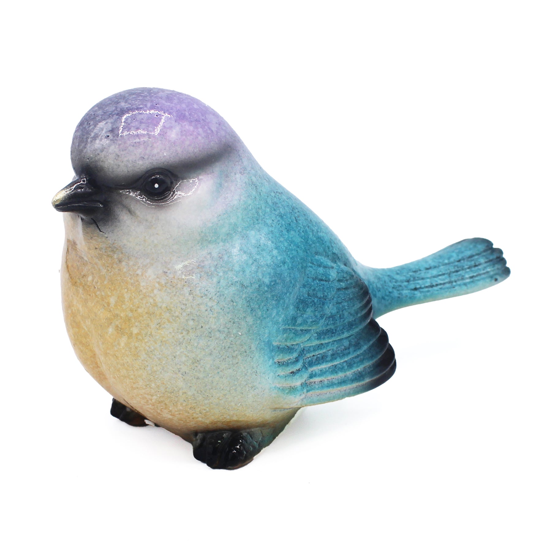 Oiseau décoratif en résine violet, bleu et jaune, posé de profil