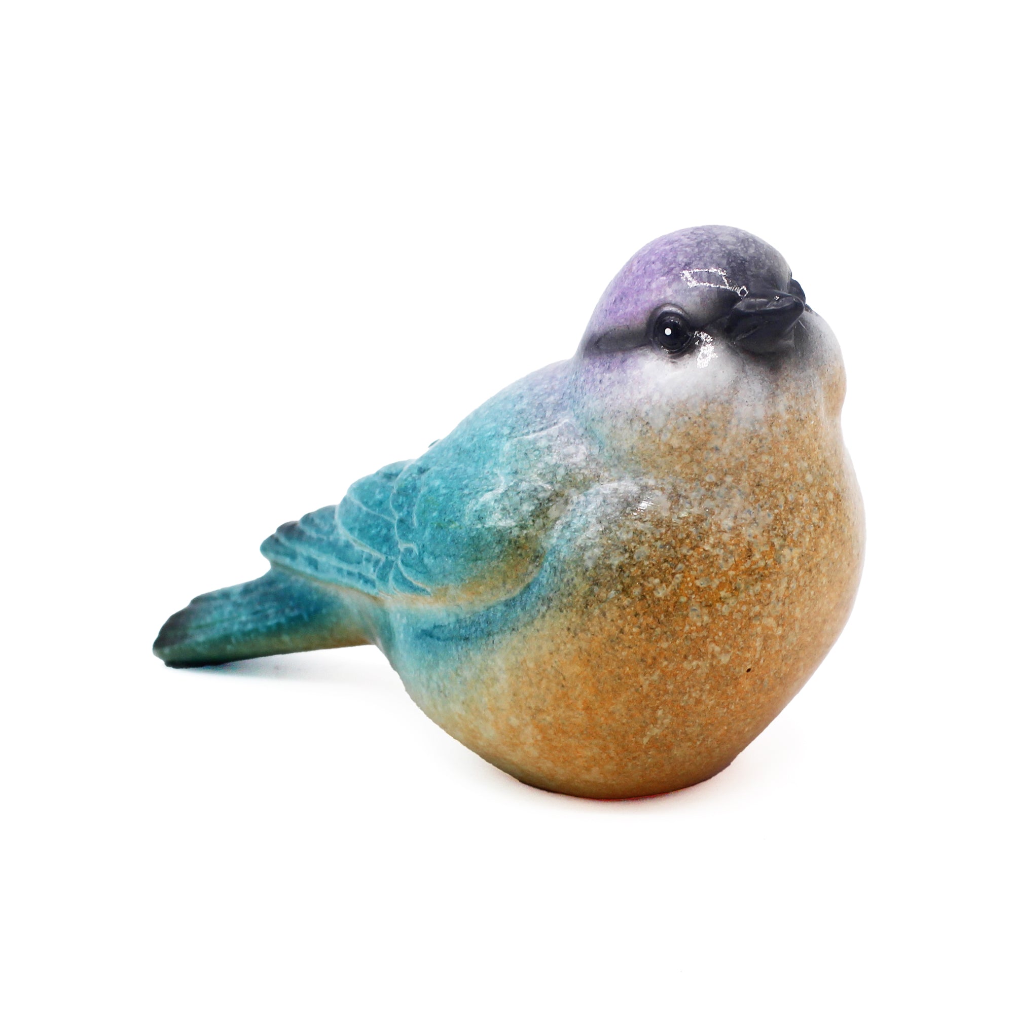Oiseau décoratif en résine violet, bleu et orange, posé de profil