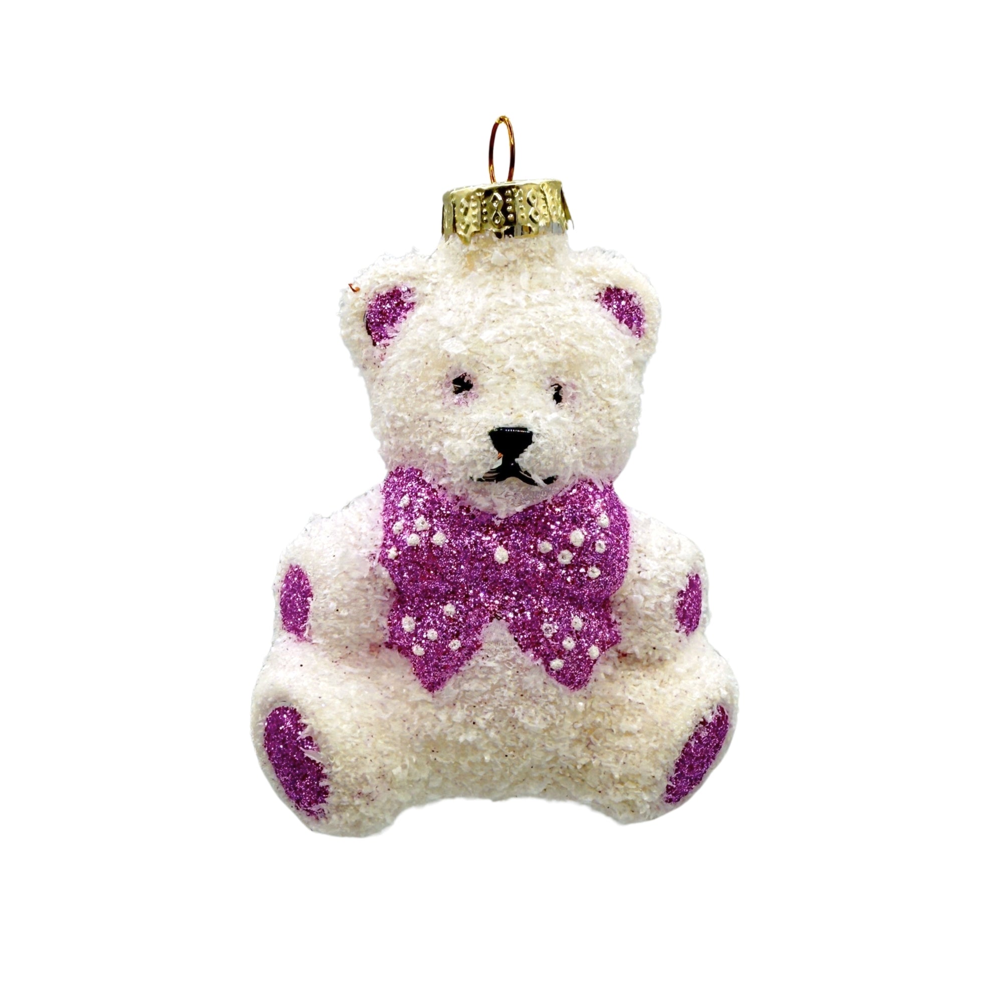 Ours blanc en verre soufflé avec nœud violet à pois scintillants, attache métallique dorée pour suspension de Noël