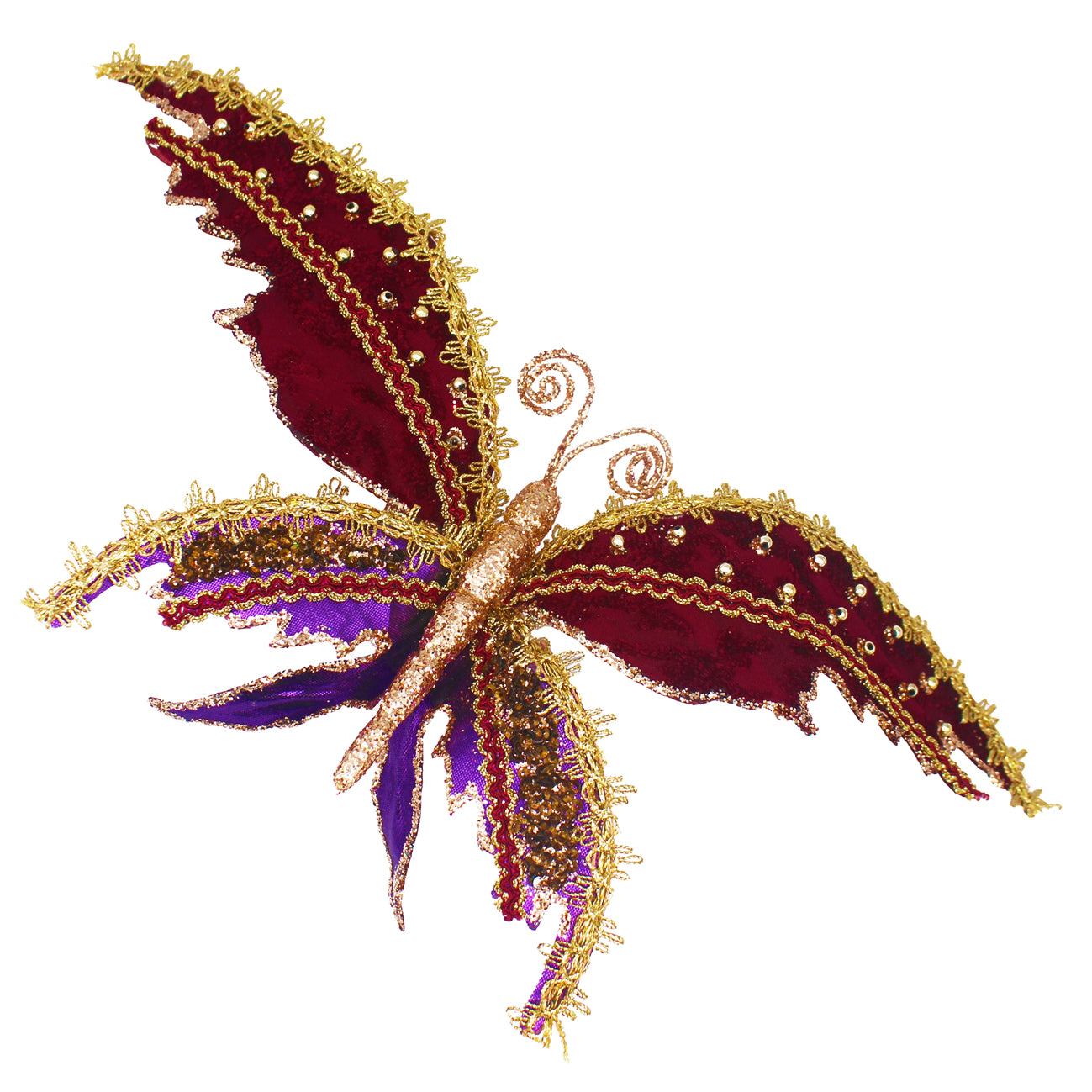 Papillon à pince en velours bordeaux et violet, rehaussé de perles et galon doré