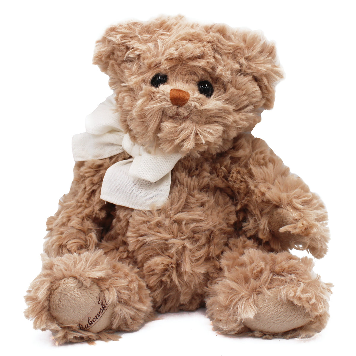 Ourson en peluche brun et blanc avec nœud blanc et nez brodé à la main