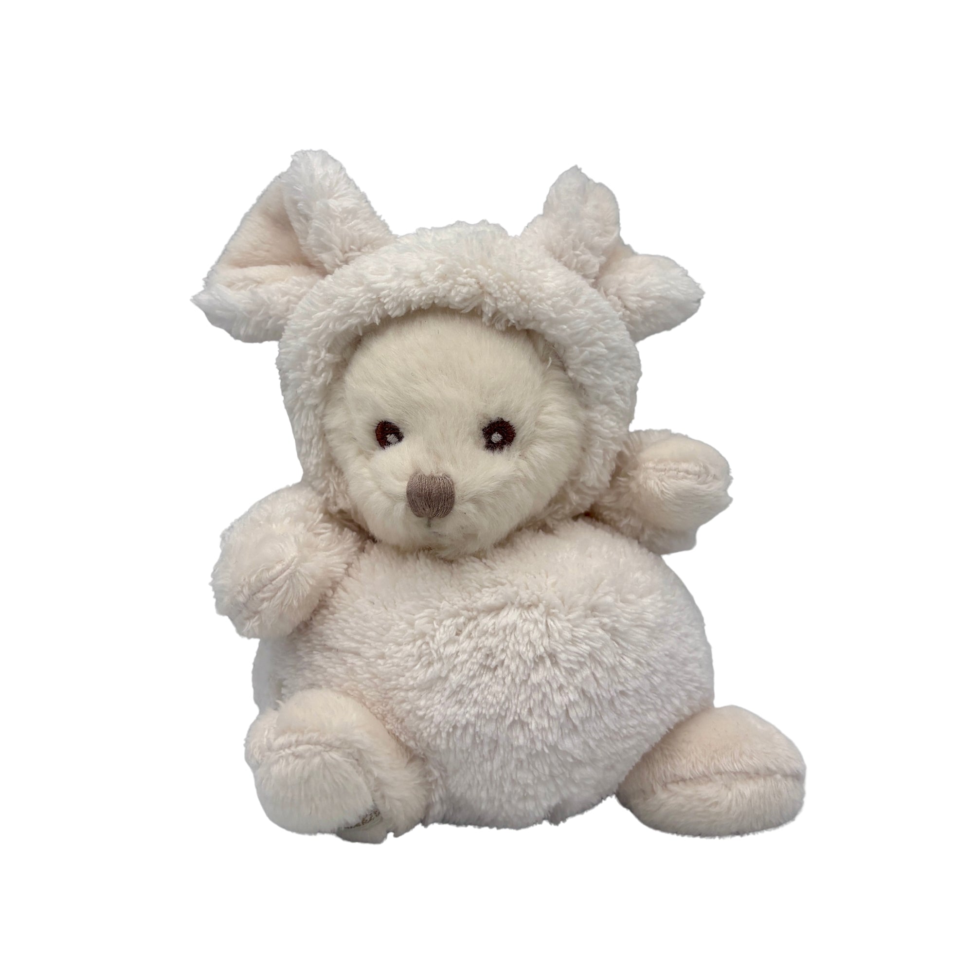 Ourson en peluche crème déguisé en souris, capuche à grandes oreilles et petite queue douce