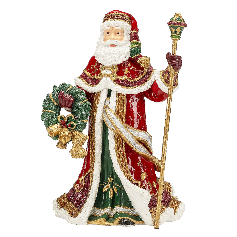 Père Noël en porcelaine rouge, blanc et vert avec sceptre doré et couronne de Noël