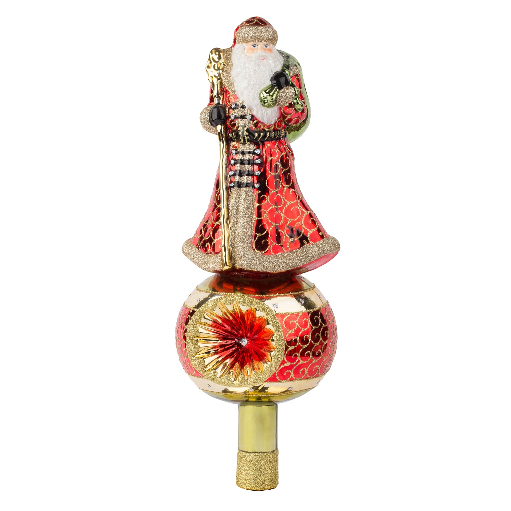 Père Noël en verre soufflé rouge et or sur boule décorée pour cimier de sapin