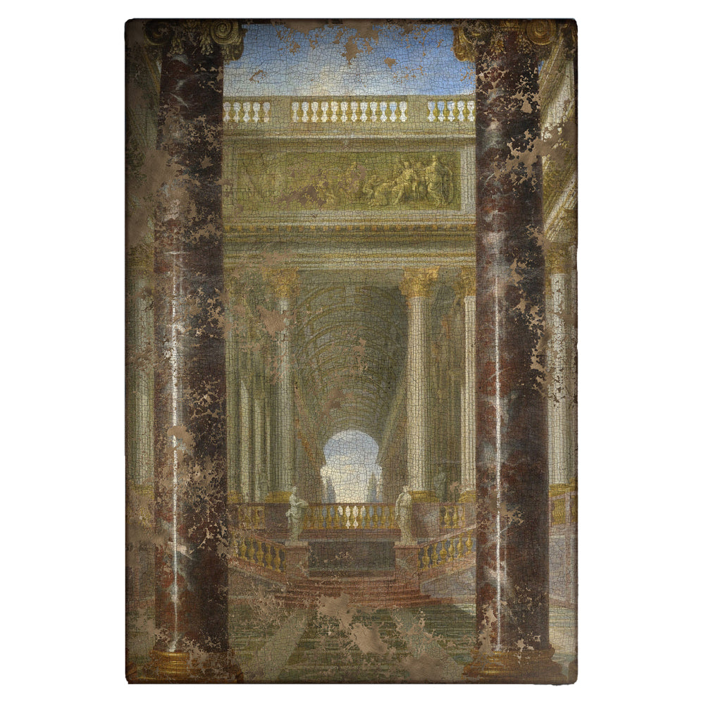 Toile craquelée représentant une perspective de jardin avec colonnades brun, bleu et doré