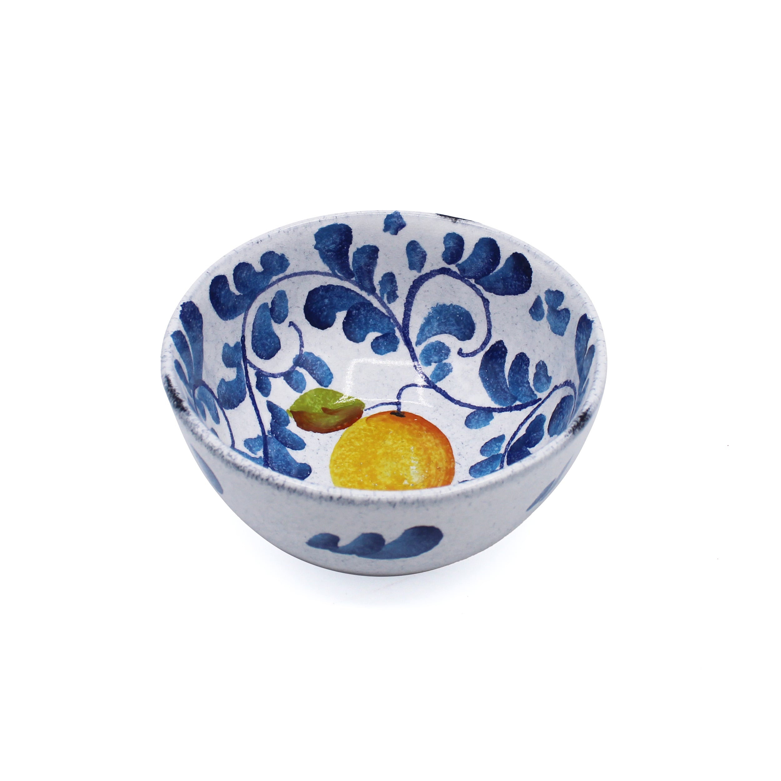 Petit bol en faïence blanche peint à la main, motif bleu avec fruit jaune et vert