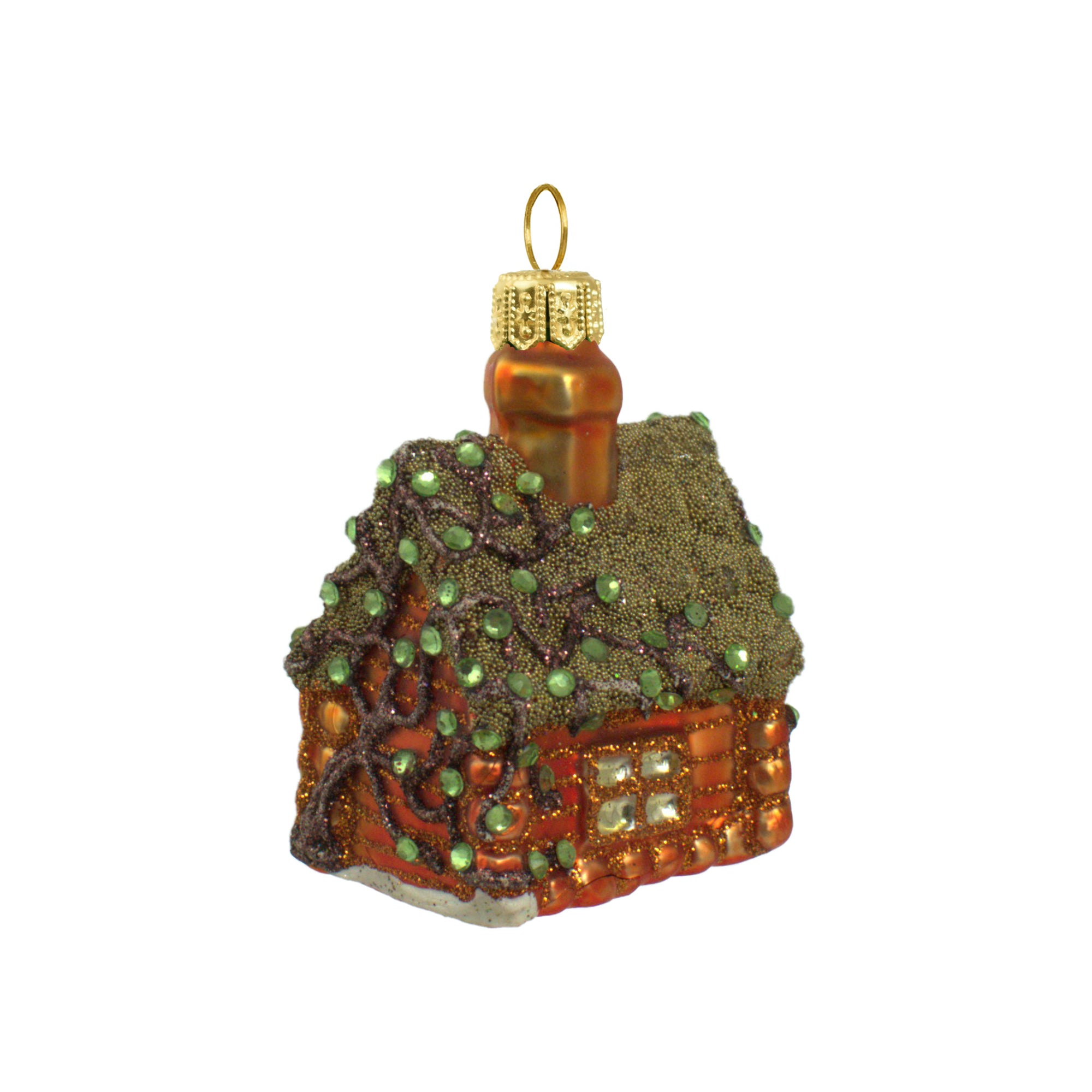 Petit cottage décoratif en verre soufflé brun et vert, toit pailleté et détails dorés