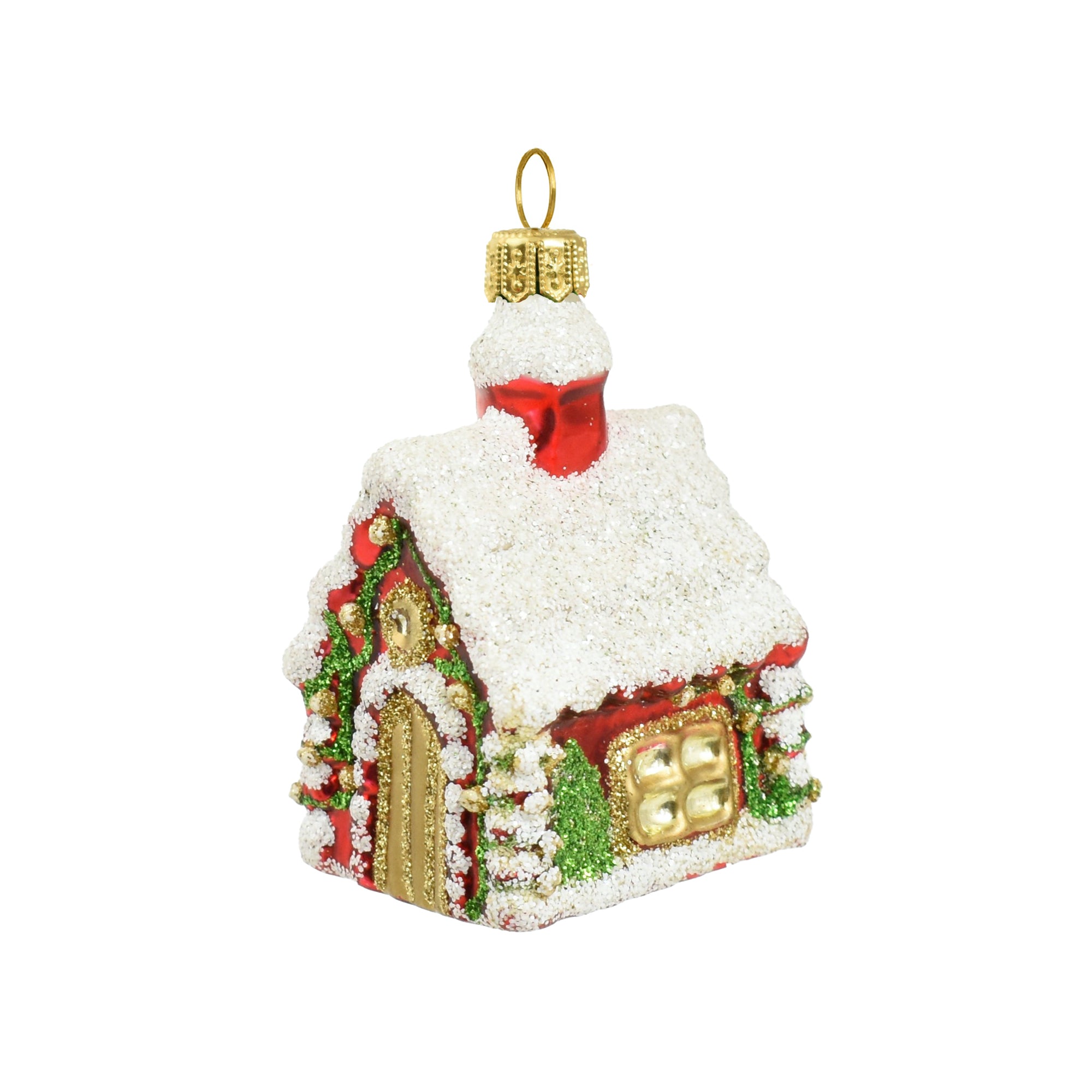 Petit cottage en verre soufflé rouge et blanc, toit enneigé, détails dorés