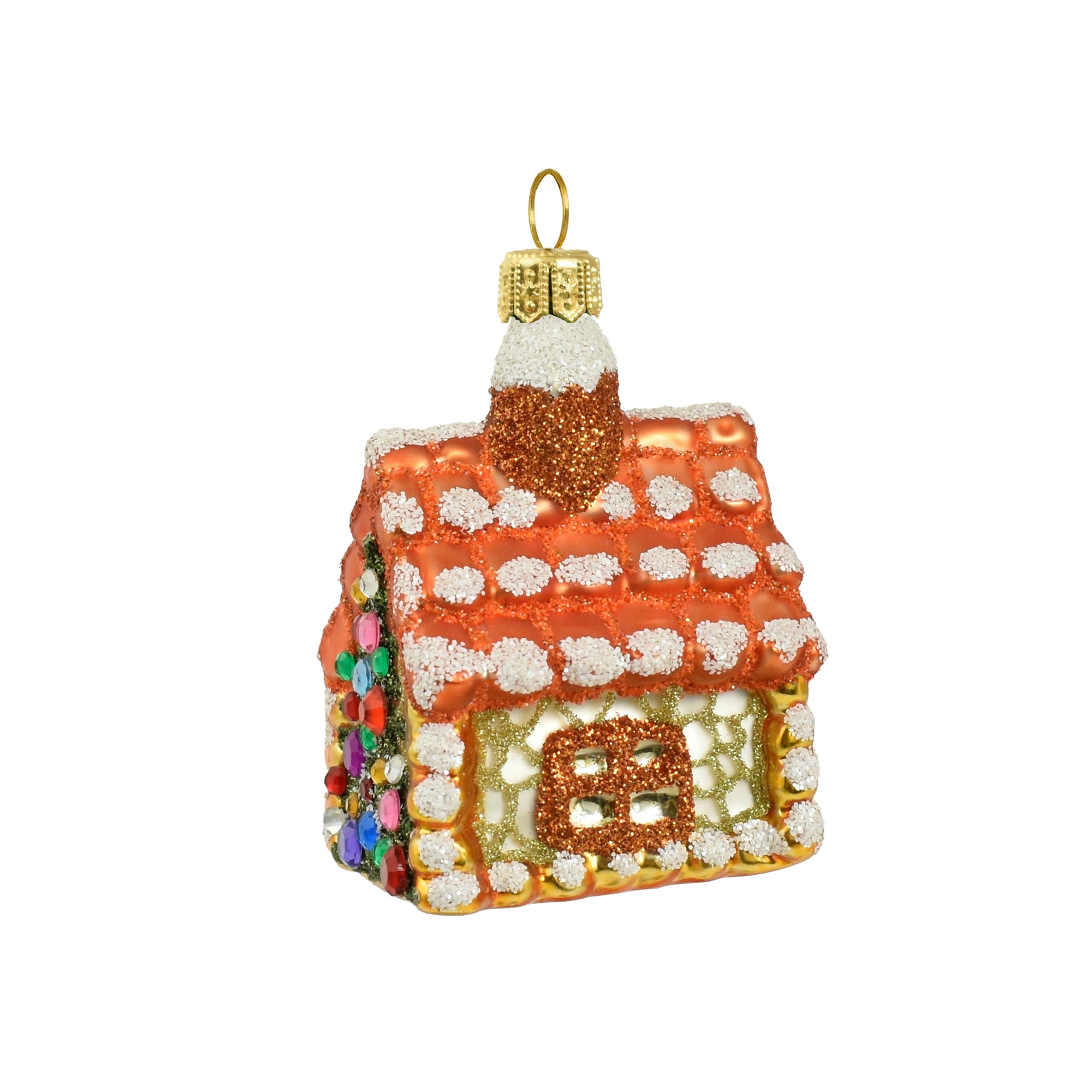 Petit cottage en verre soufflé orange et doré, toit neigeux et fenêtre scintillante