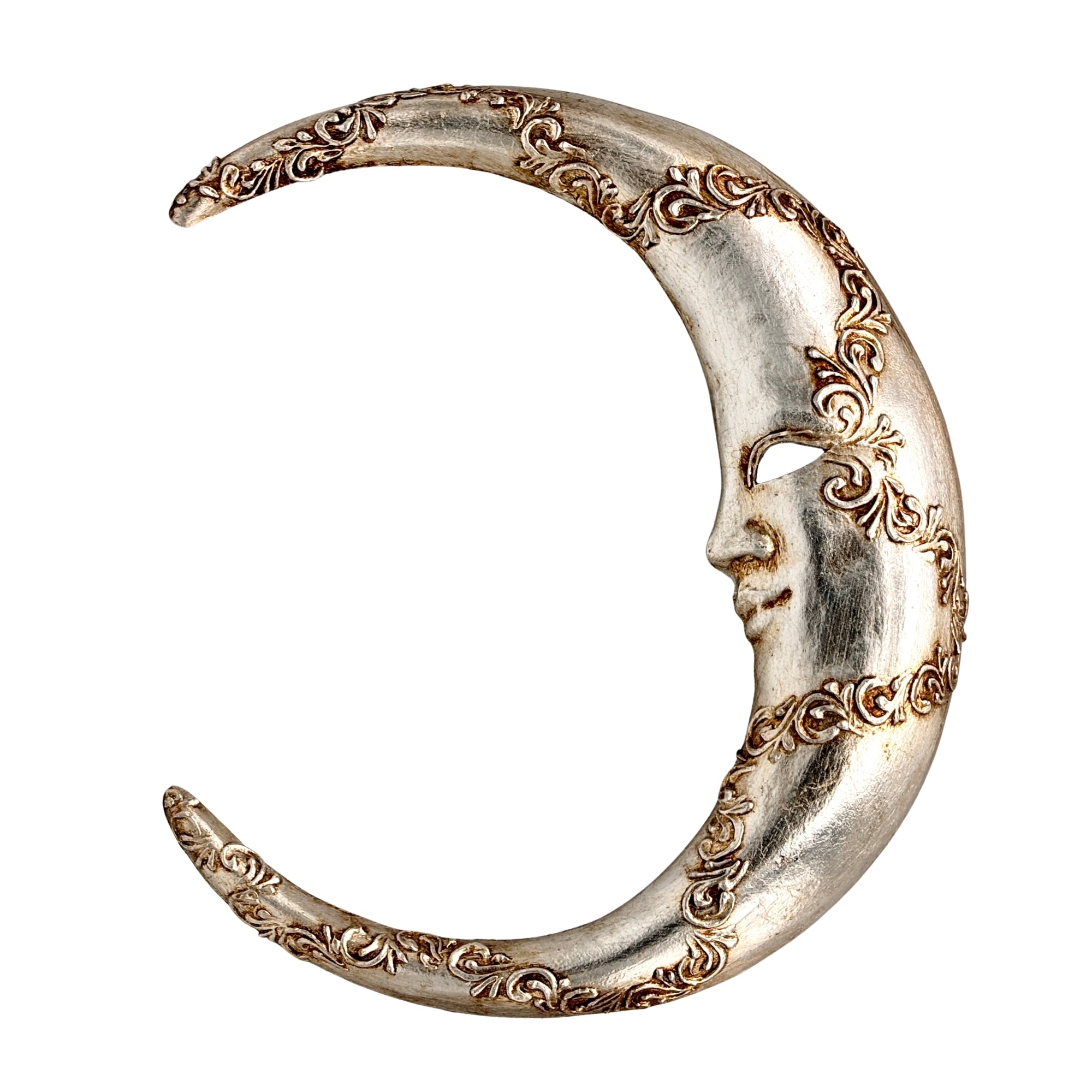 Petit masque mural en forme de croissant de lune, finition argentée avec visage sculpté et motifs arabesques