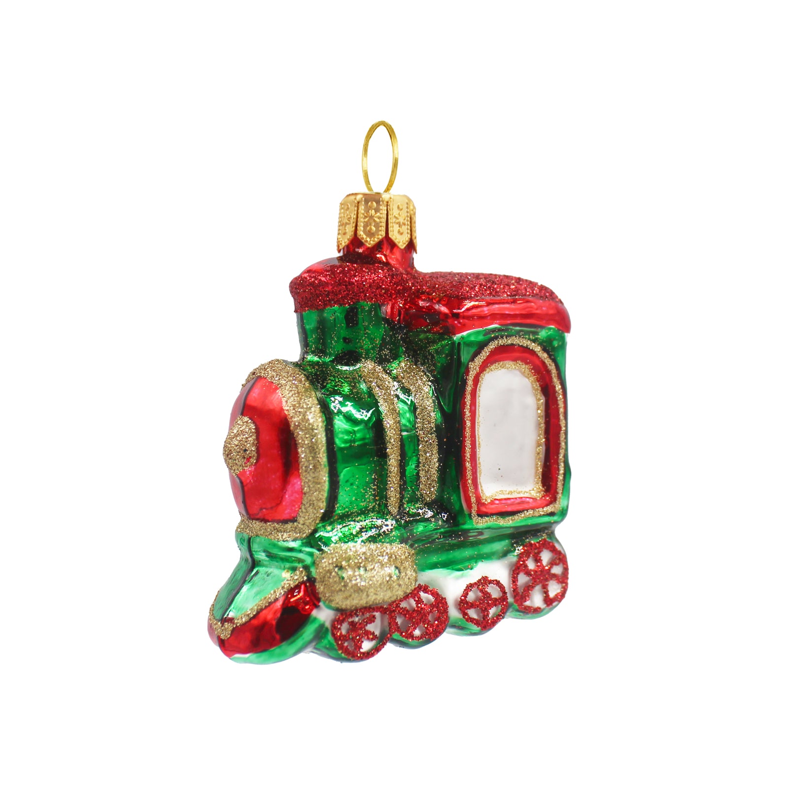 Petit train en verre soufflé vert et rouge avec détails dorés et roues pailletées