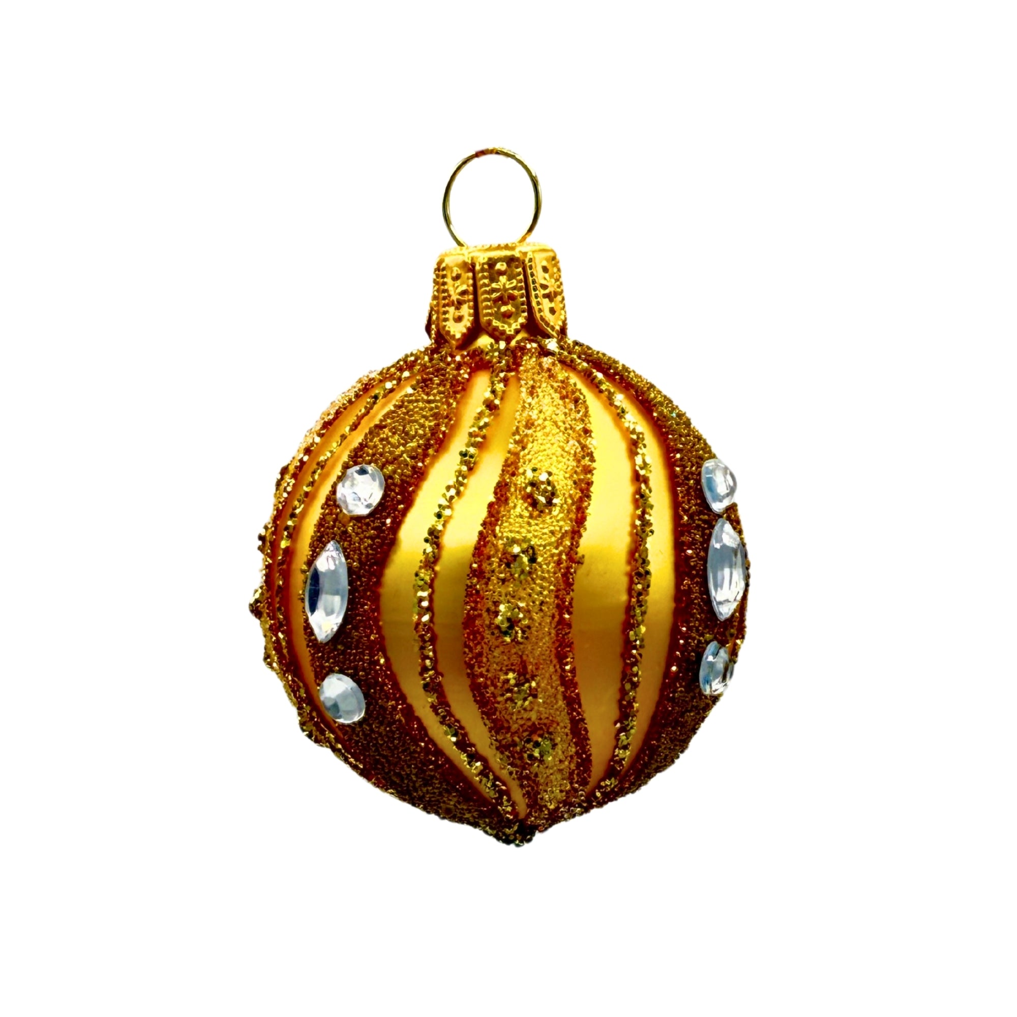Petite boule en verre soufflé doré avec bandes scintillantes en relief et éléments facettés transparents, attache métallique