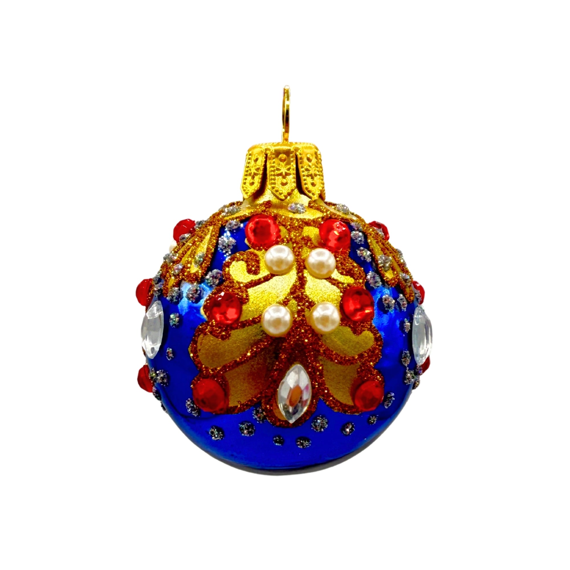 Boule décorative en verre soufflé bleu, ornée de motifs dorés, strass, perles et cabochons rouges