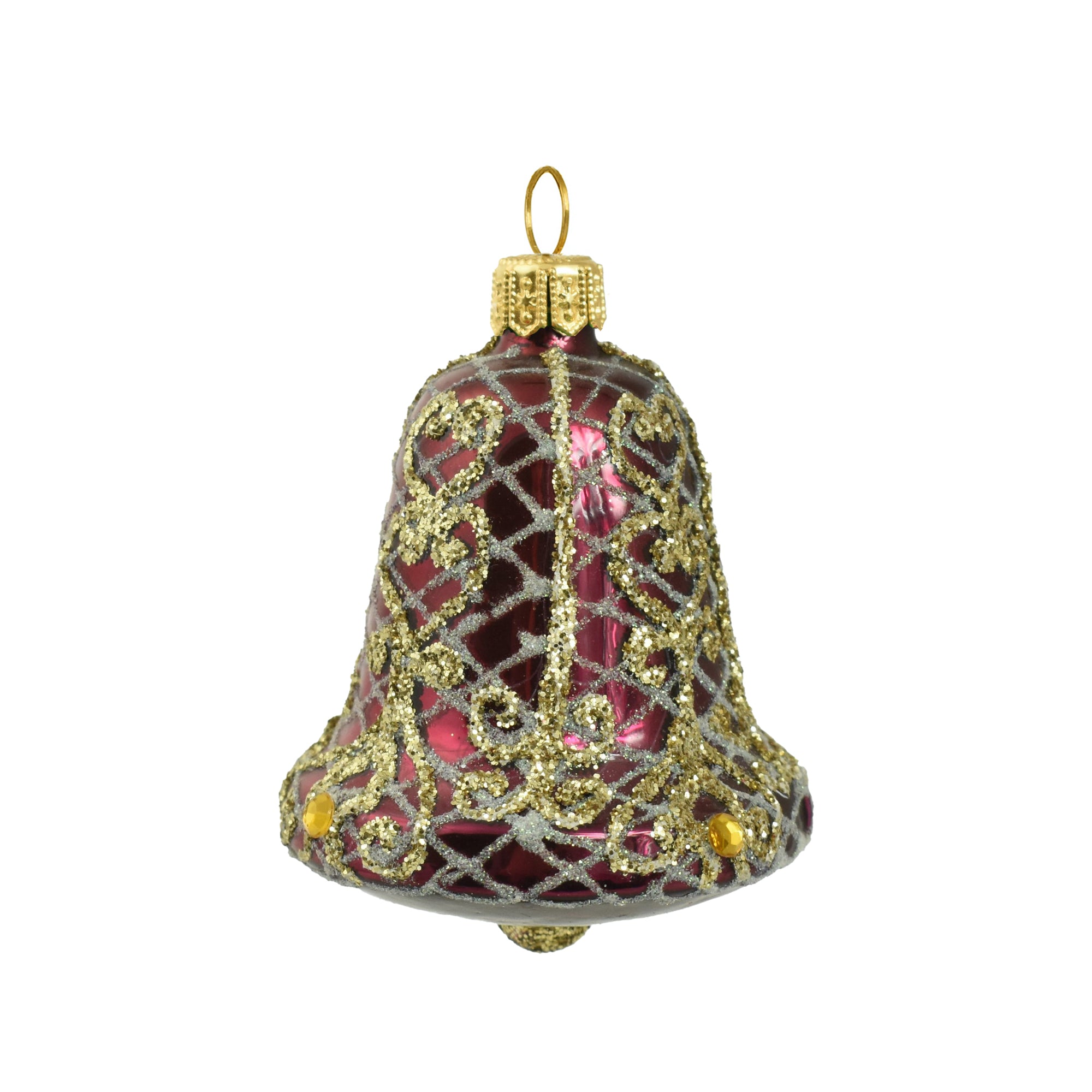 Petite cloche en verre soufflé violet et doré, décor filigrané et pailleté