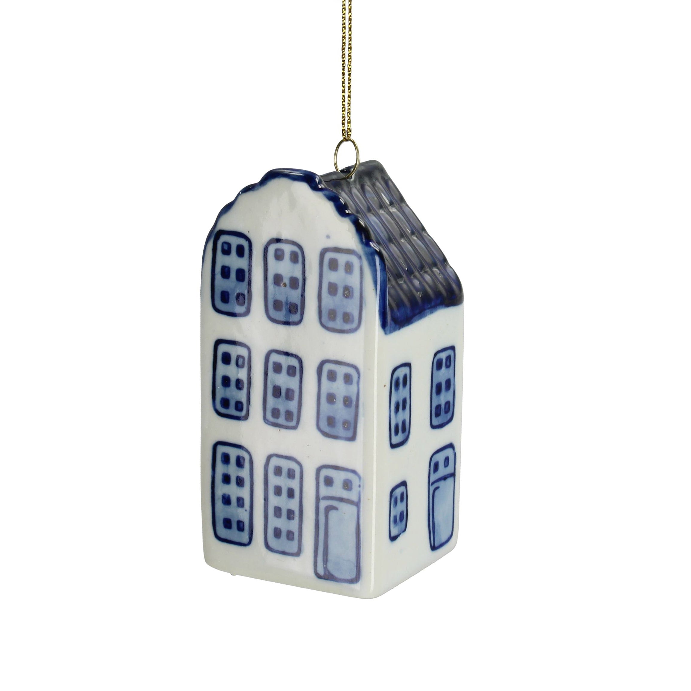 Petite maison en porcelaine blanche et bleue à suspendre, avec cordon doré