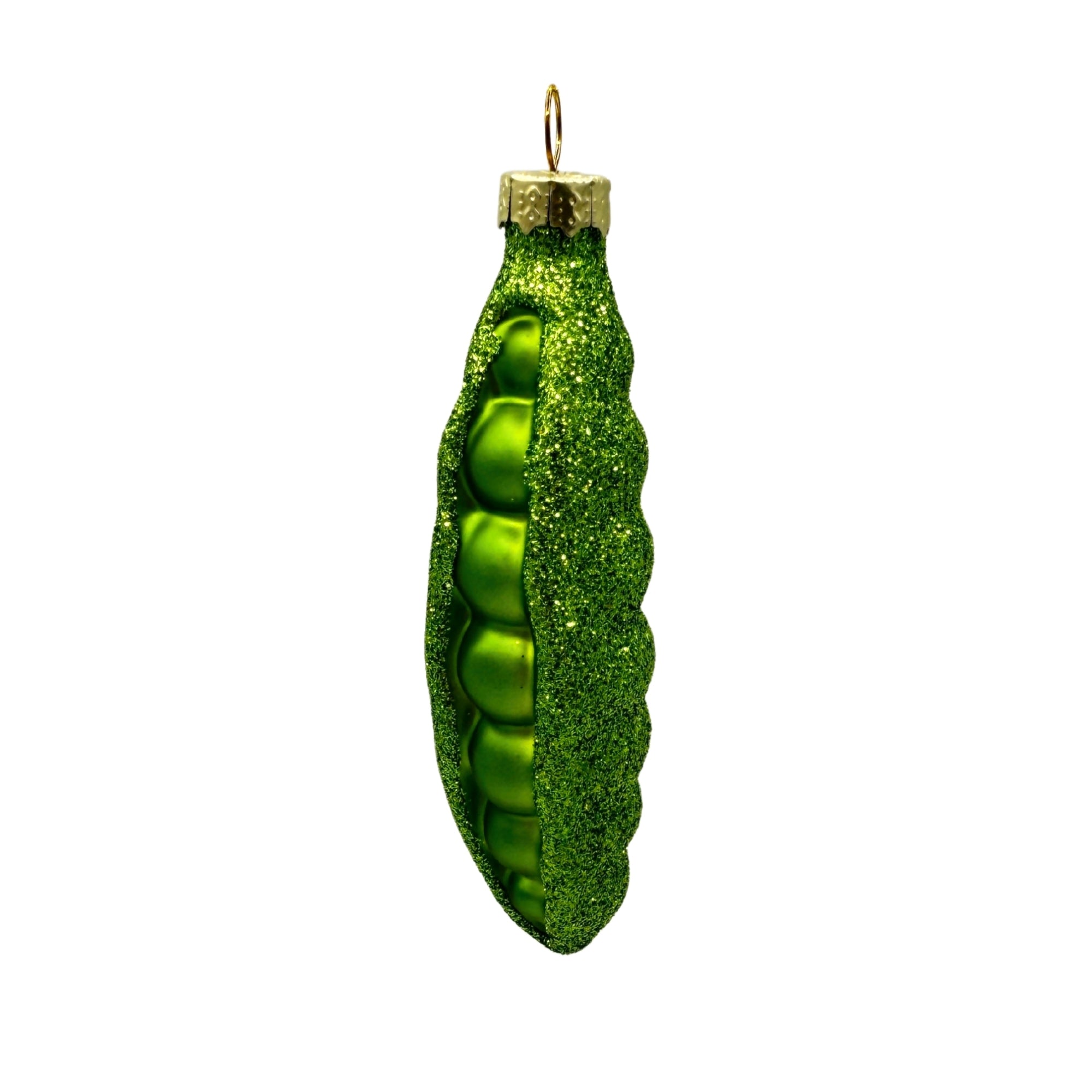 Ornement décoratif petits pois en verre vert, gousse allongée texturée avec pois en relief et attache métallique