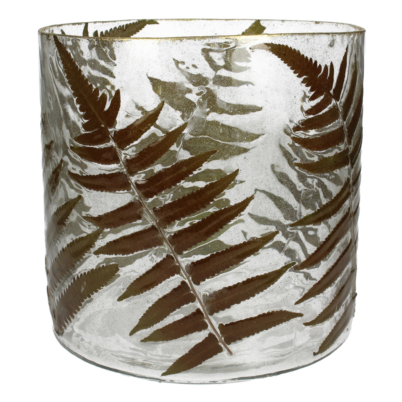 Photophore en verre transparent décoré de feuilles dorées, forme cylindrique