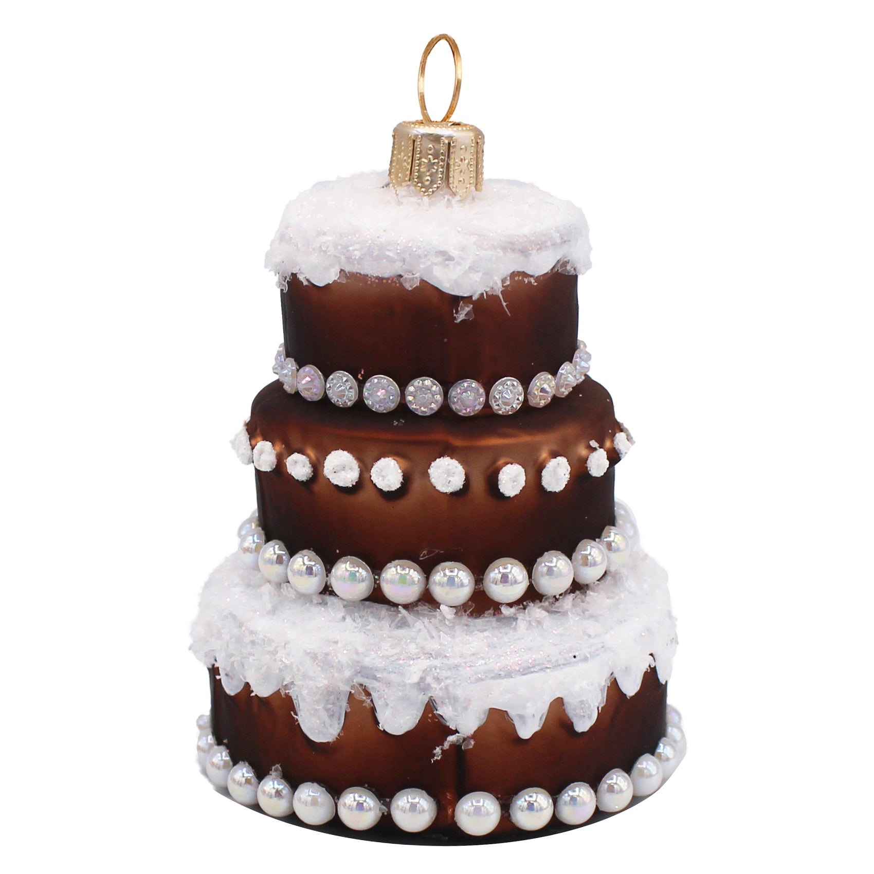 Pièce montée en verre soufflé brun et blanc, décorée de perles et sucre givré