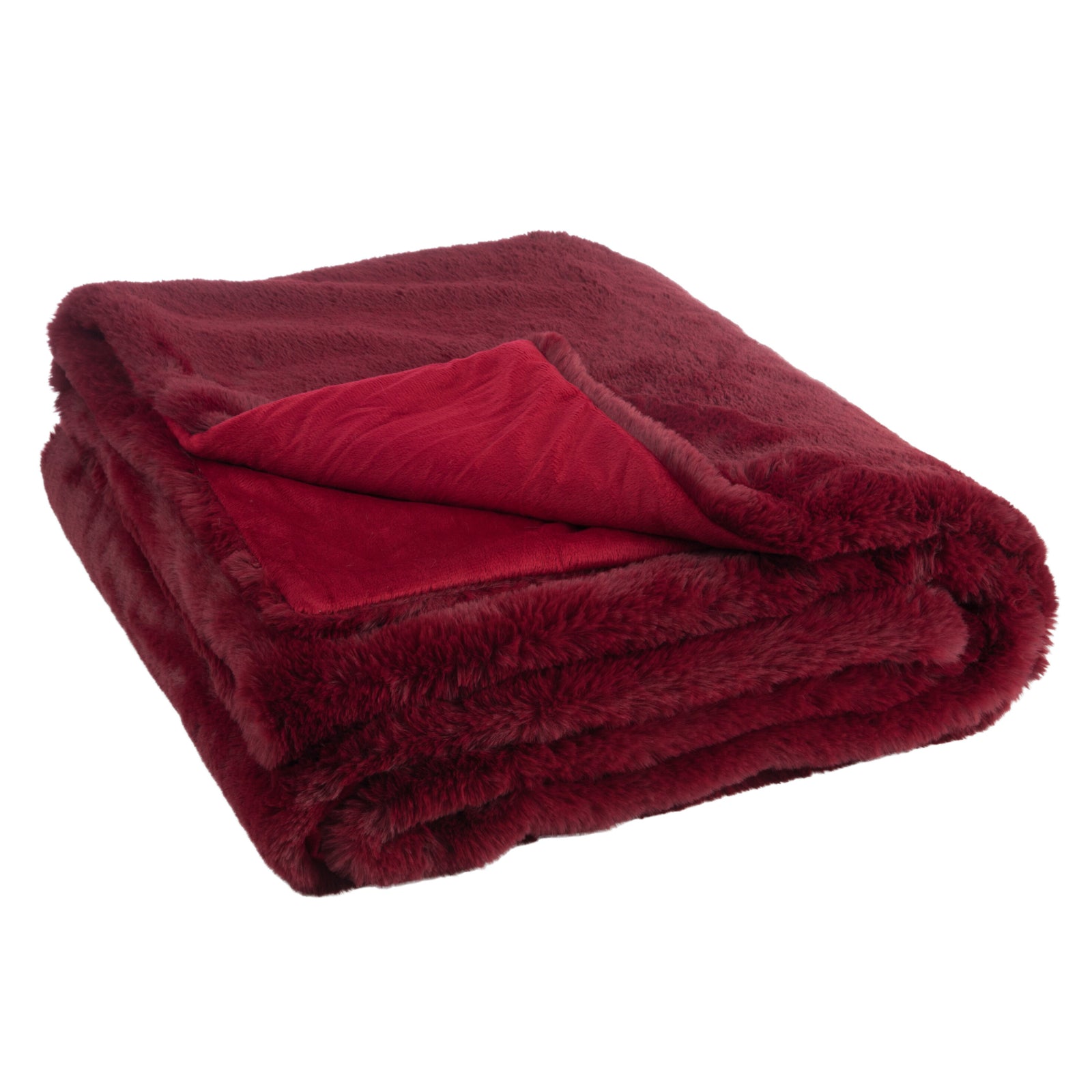 Plaid en fourrure rouge plié, texture pelucheuse et aspect soyeux