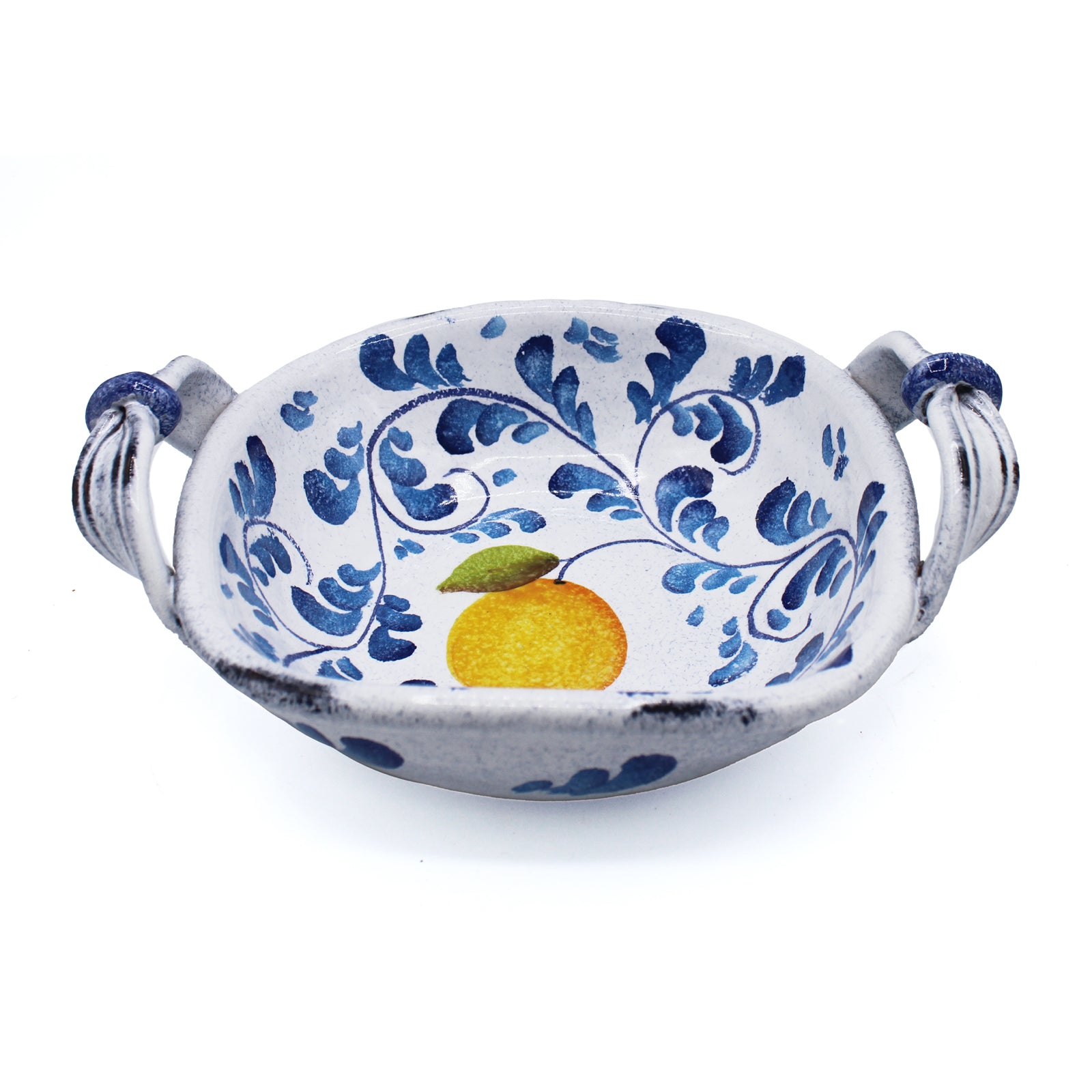Plat à servir en faïence blanche peint à la main, motifs bleus, jaune et poignées