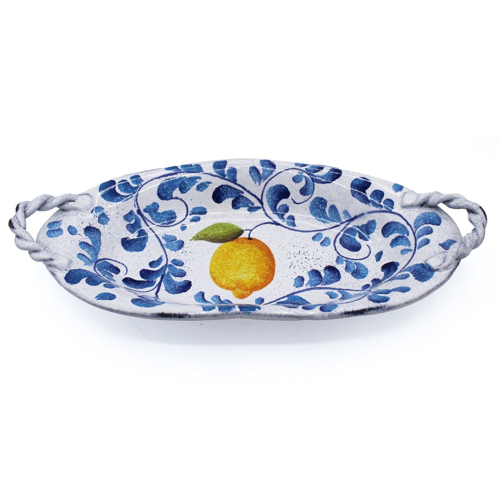 Plat à servir en faïence blanche, motifs bleu et citron jaune, avec poignées torsadées